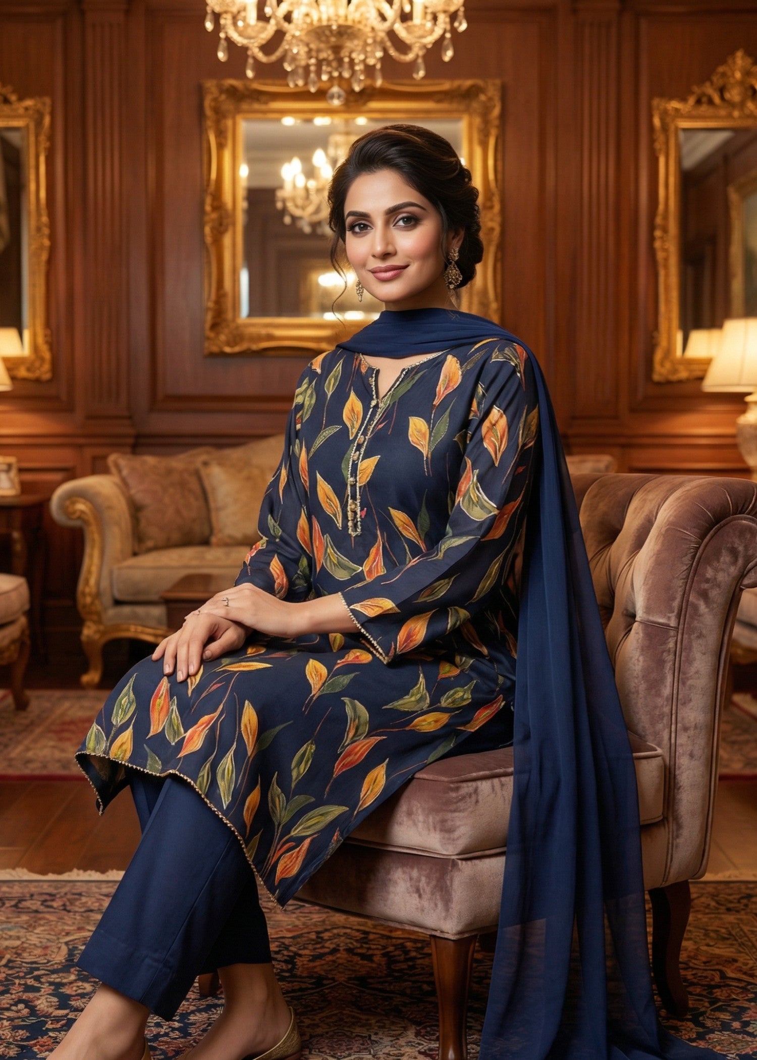 silk Kurta Set in Navy blue