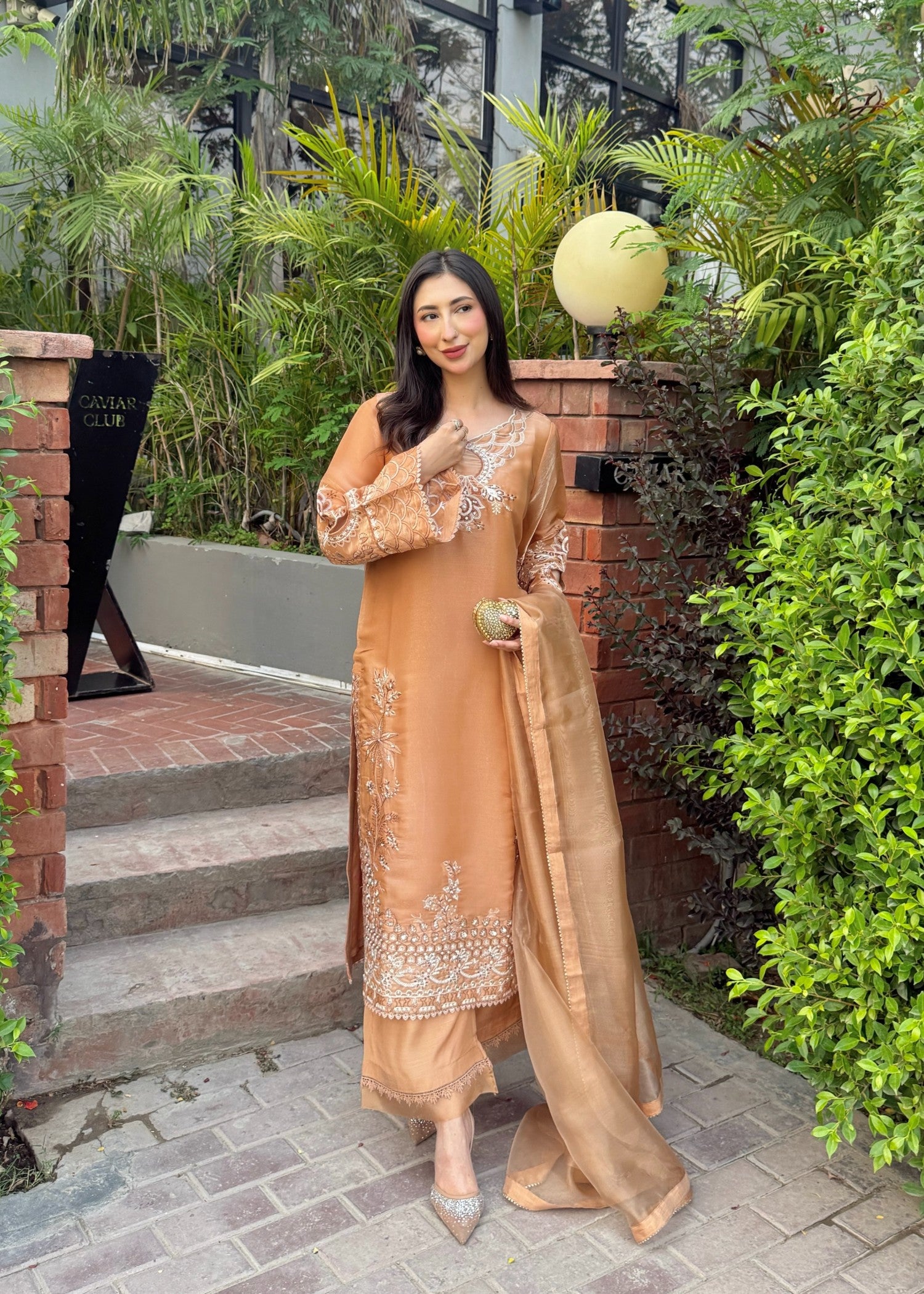 tissue silk Kurta Set in Tan brown