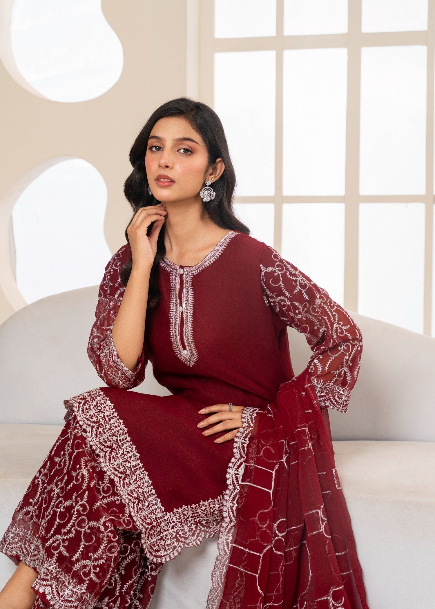 chiffon Kurta Set in Maroon