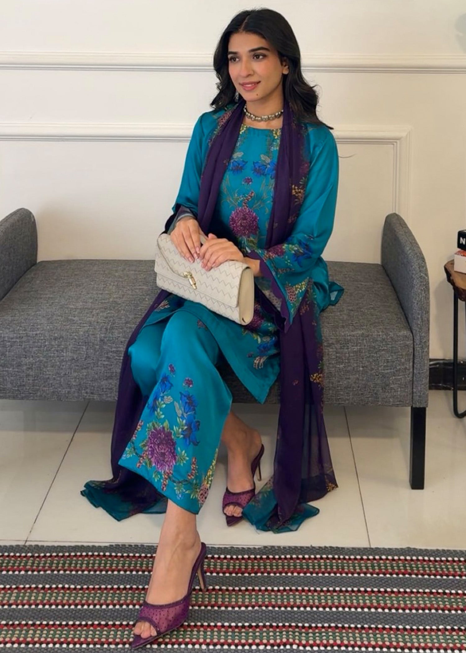 satin silk Kurta Set in Teal