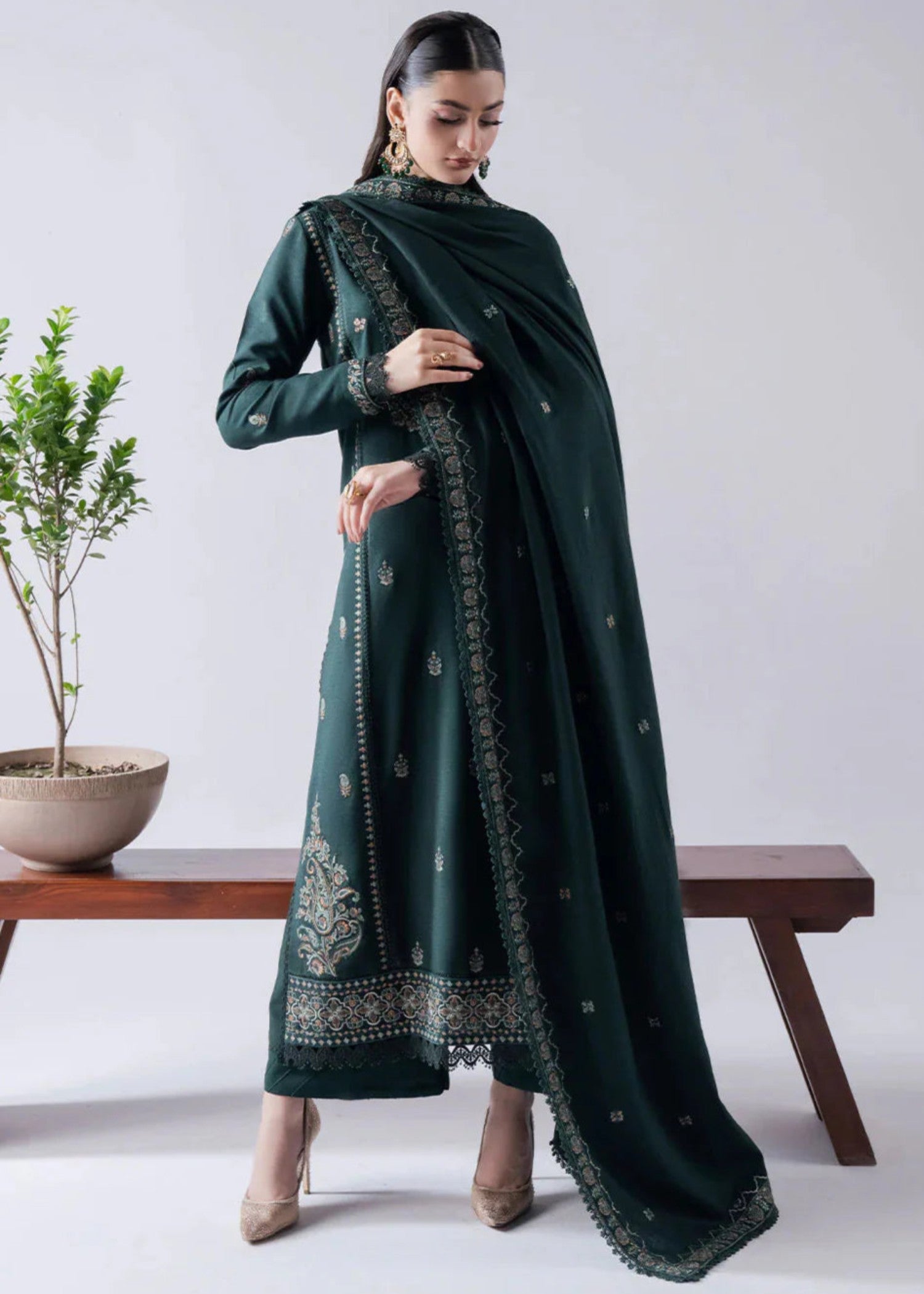 dhanak Kurta Set in Dark green