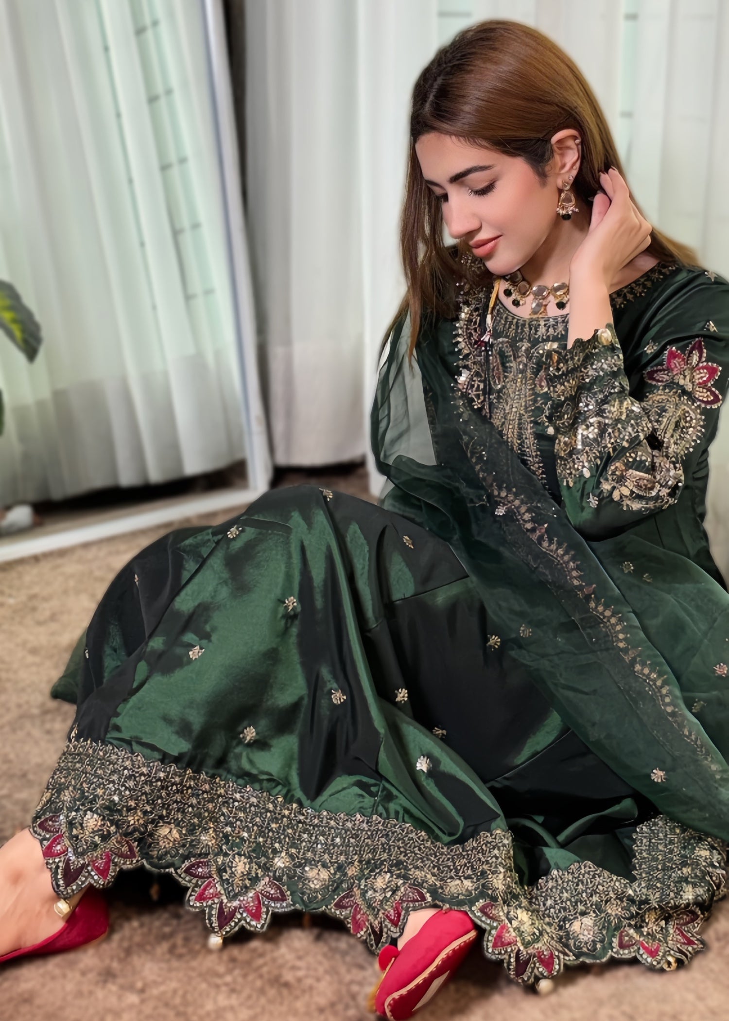 silk Pishwas in Bottle green