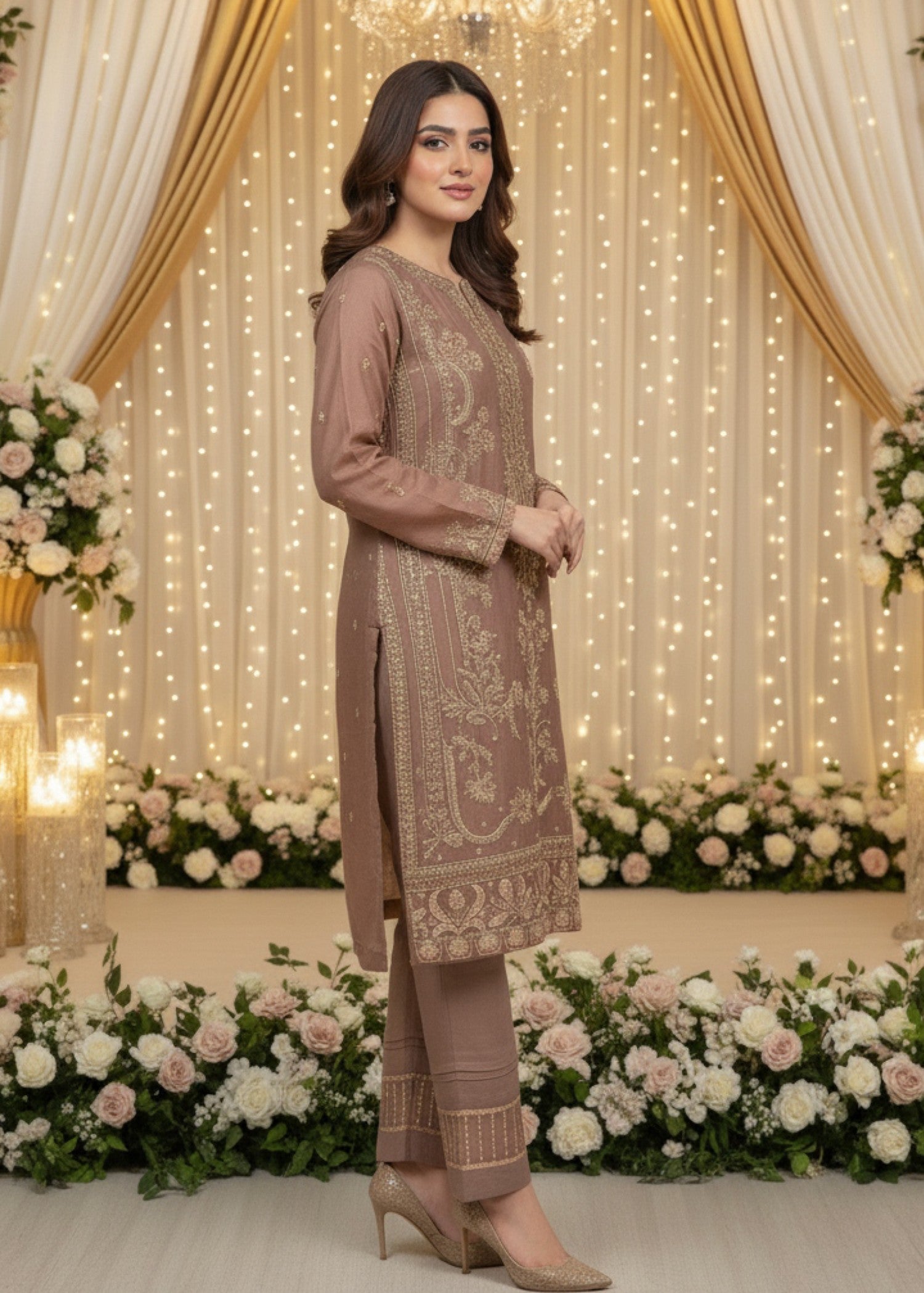organza Kurta Set in Mocha brown