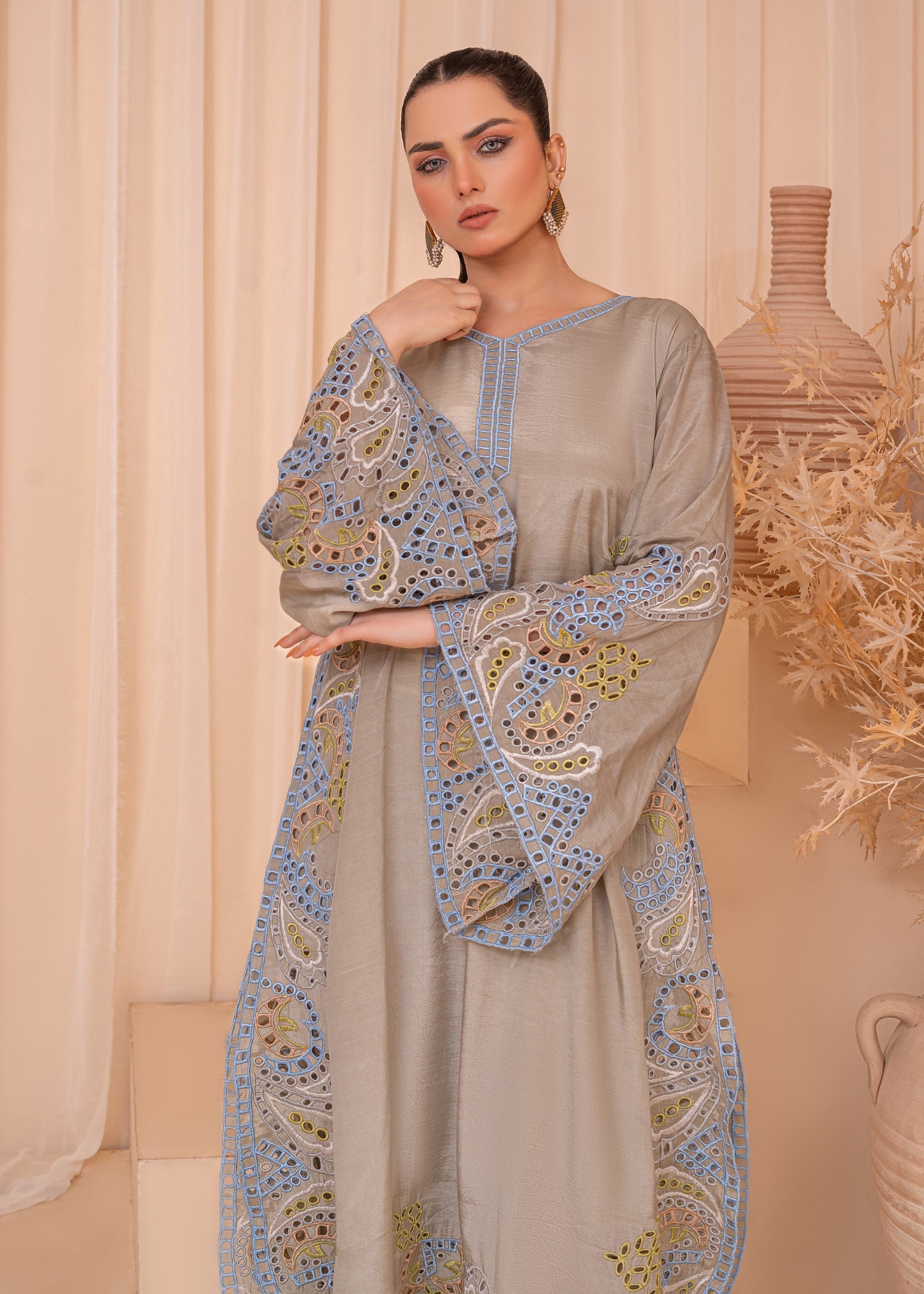 raw silk Kaftan in Grey, sky blue