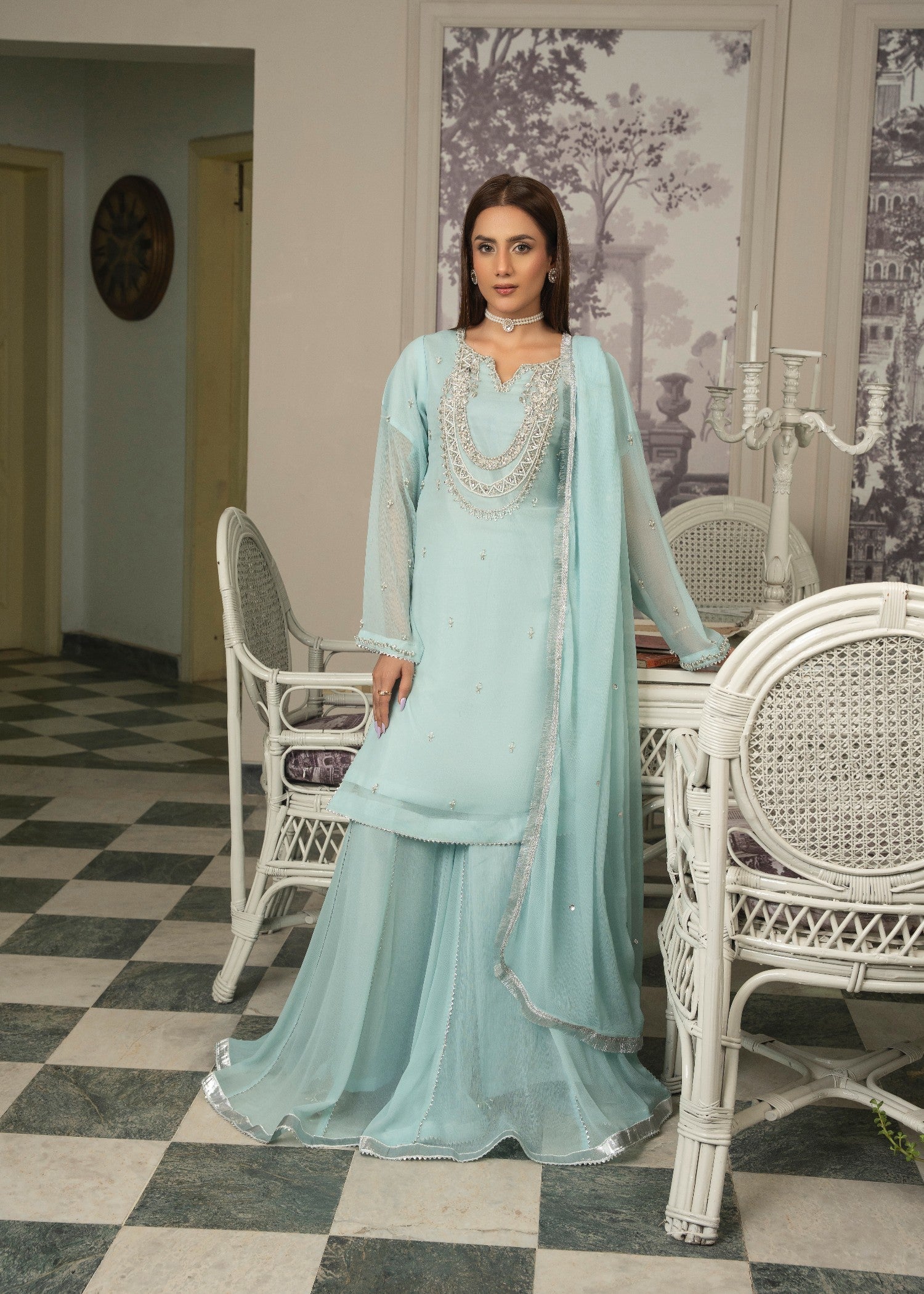 crinkle chiffon Sharara in Ice blue