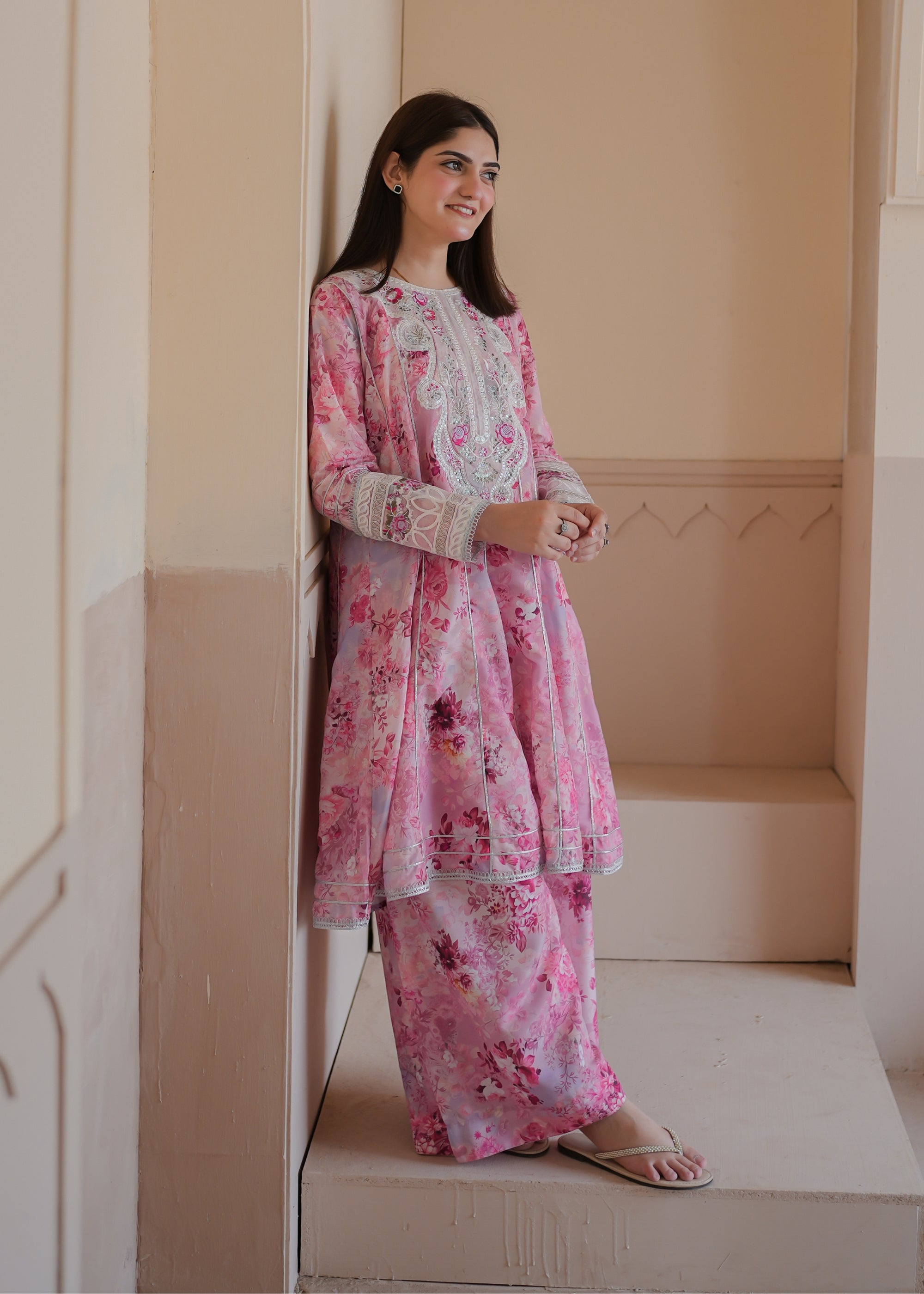 poly lawn Short Frock in Lavender pink