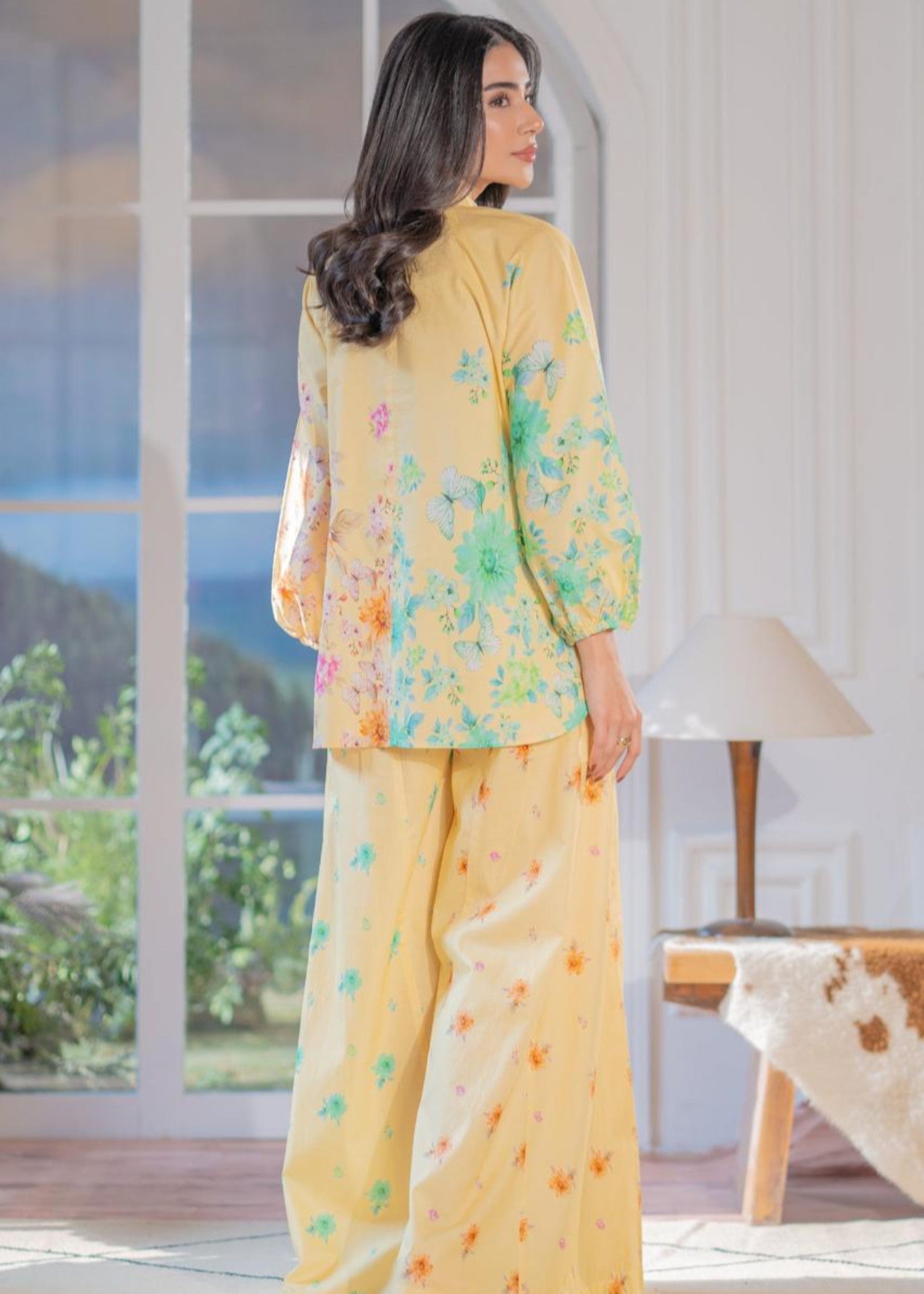 poly lawn Kurta Set in Mellow yellow
