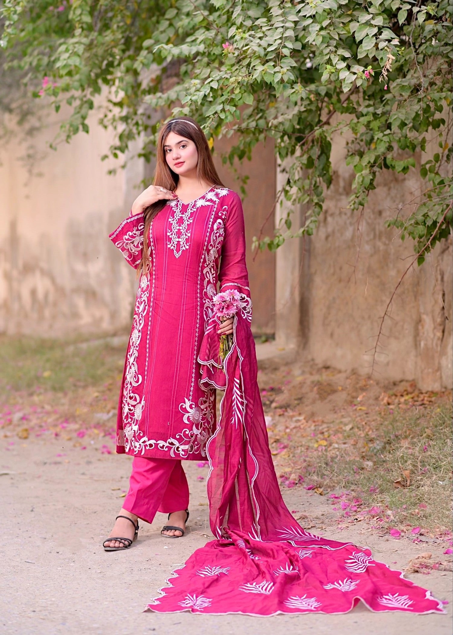 khaddi net Kurta Set in Hot pink