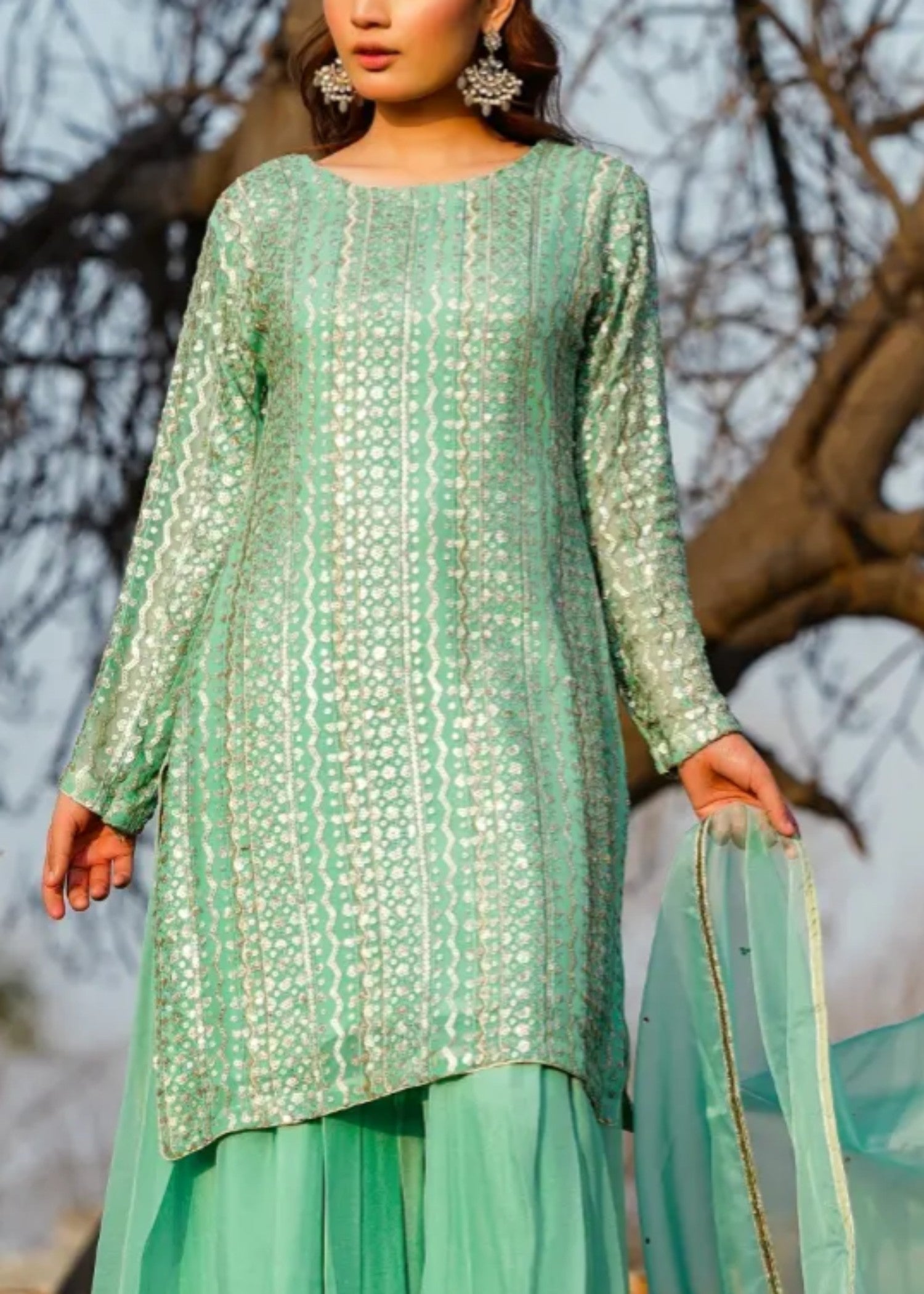 bemberg crinkle chiffon Sharara in Moss green