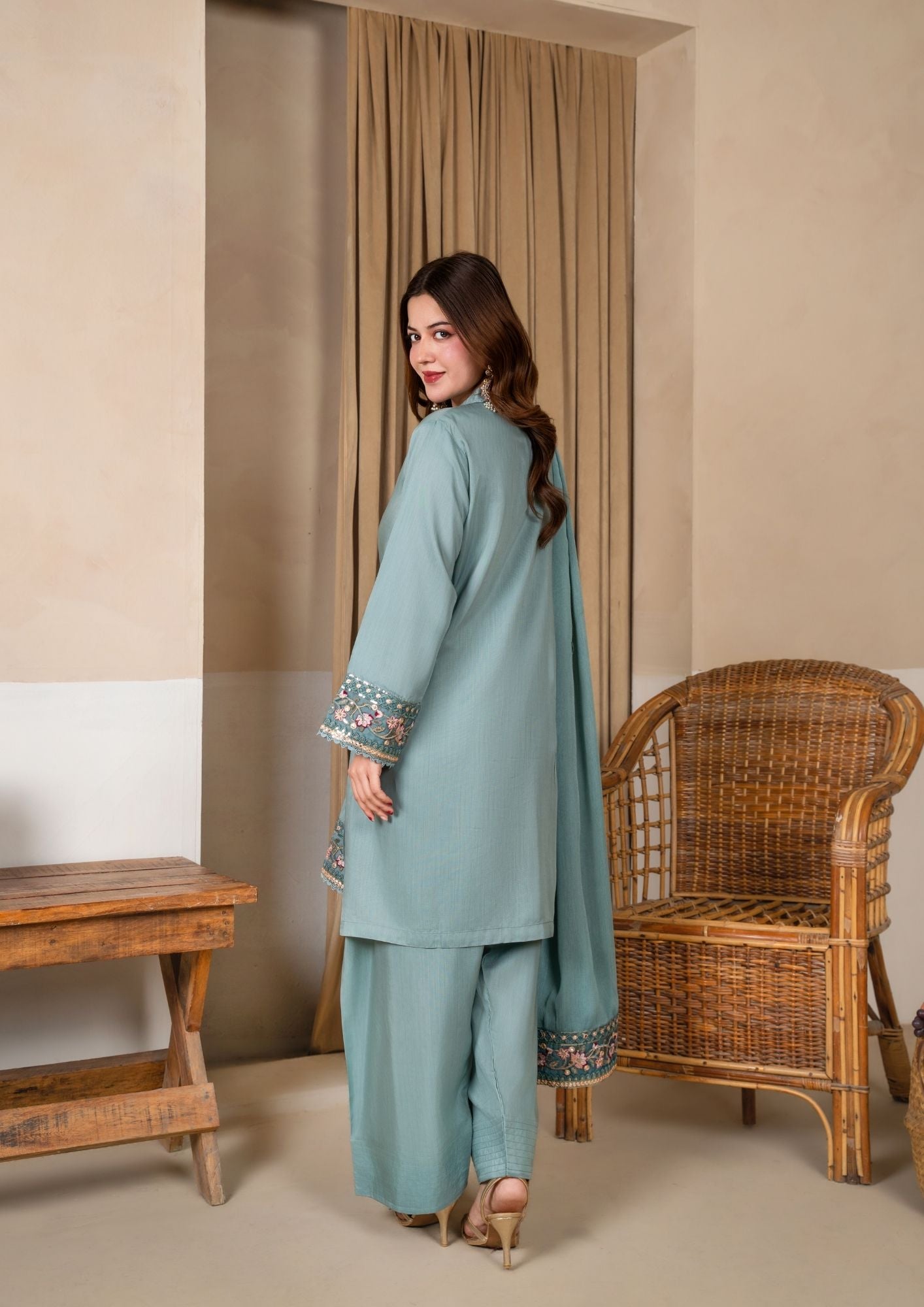 viscose raw silk Kurta Set in Duck egg grey