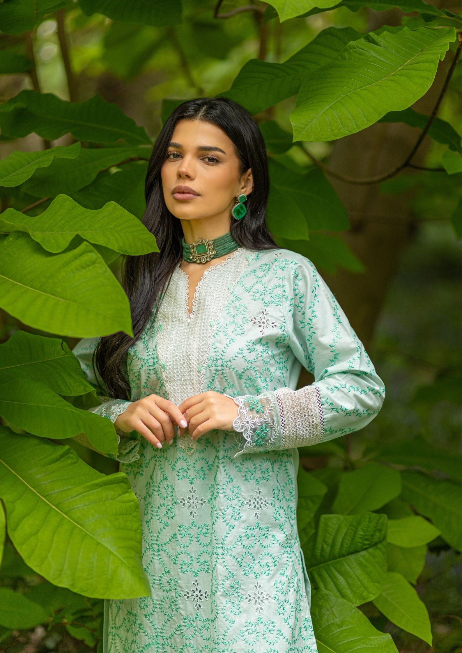 lawn cotton Kurta Set in Moss green