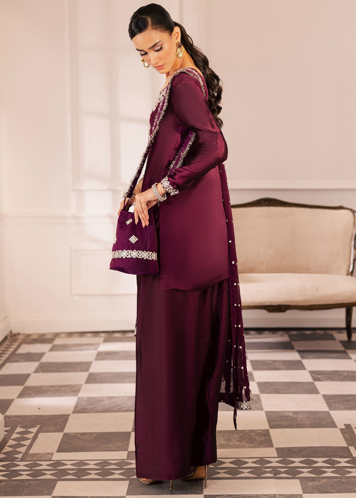 thai silk Kurta Set in Deep purple