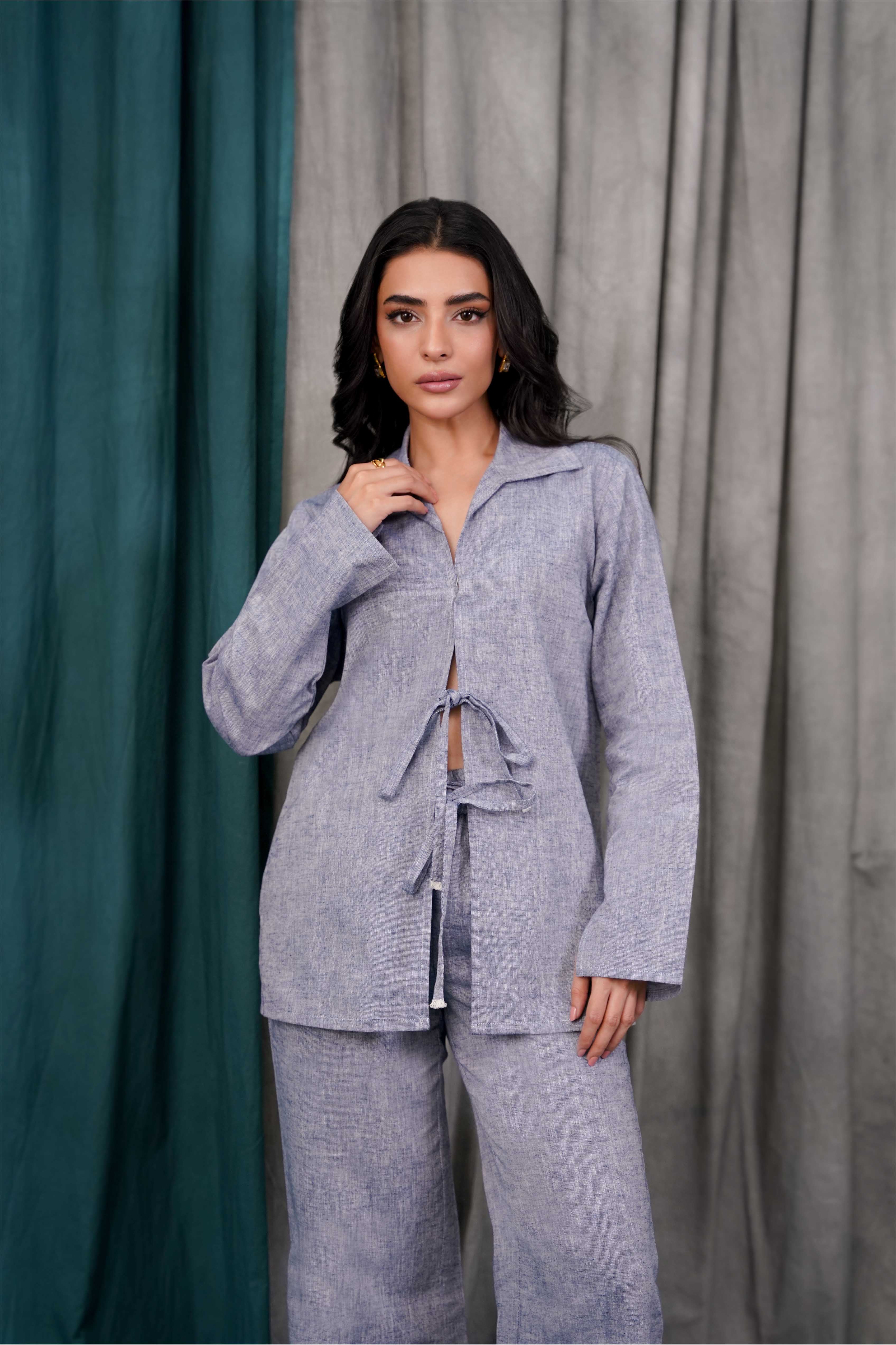 blended linen Co Ord Sets in Steel blue