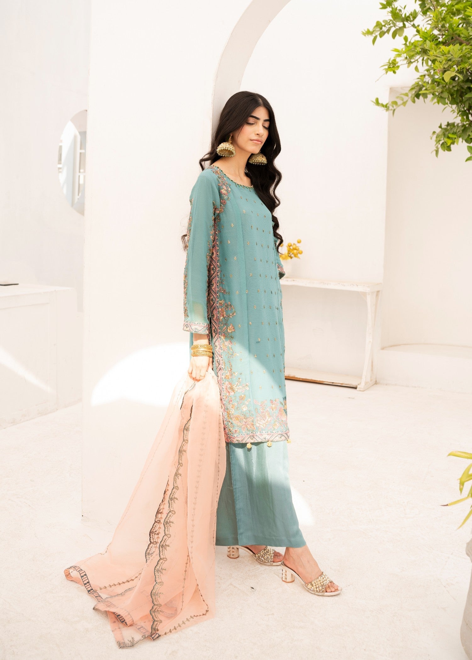 chiffon Kurta Set in Sea green