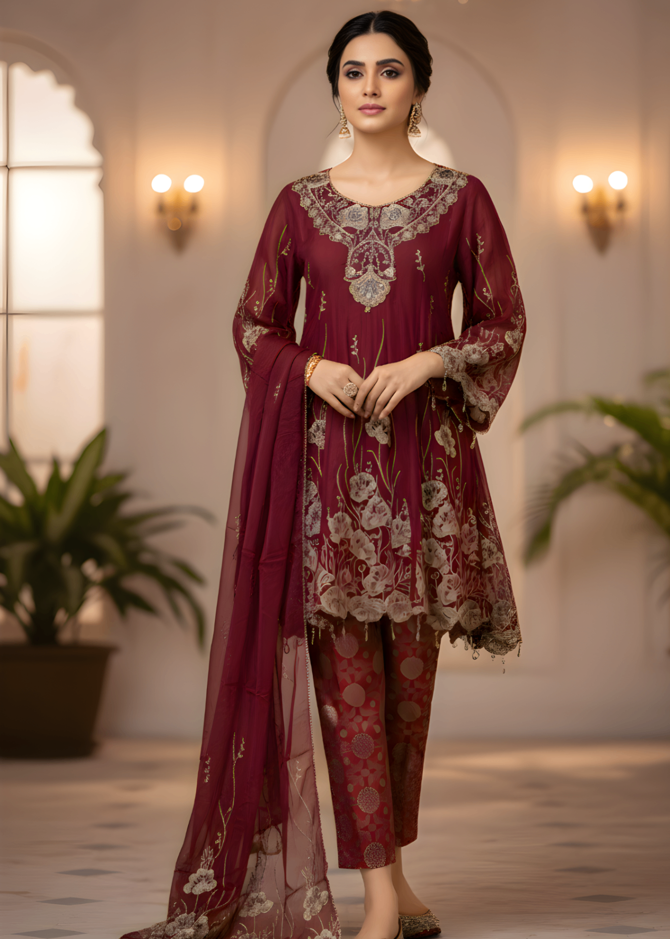 chiffon Short Frock in Maroon