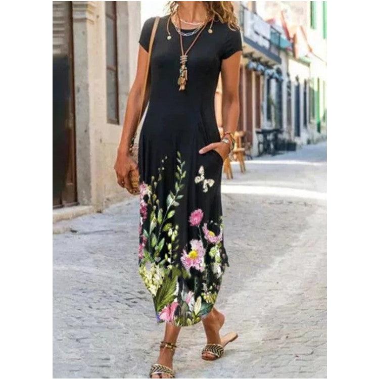 Women's Trendy Printed Short Sleeve Dress with Round Neck and Pocket