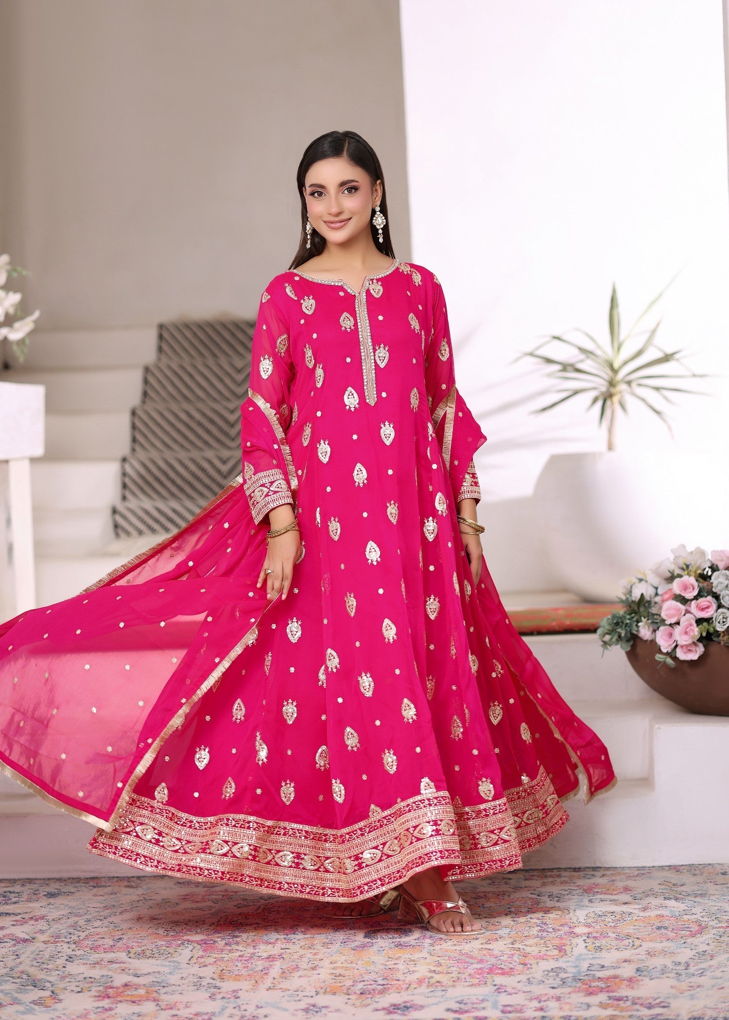 chiffon Pishwas in Vivid pink