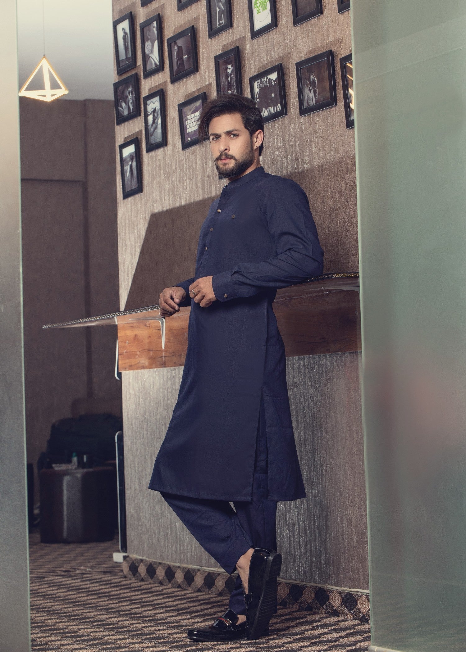 cotton satin Kurta Set in Navy blue