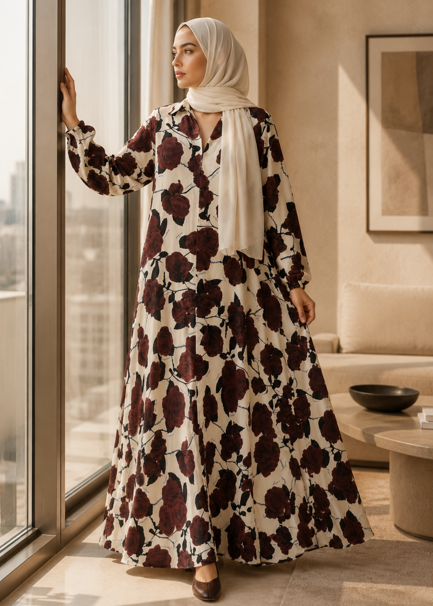 lawn Abaya in Ivory, burgundy