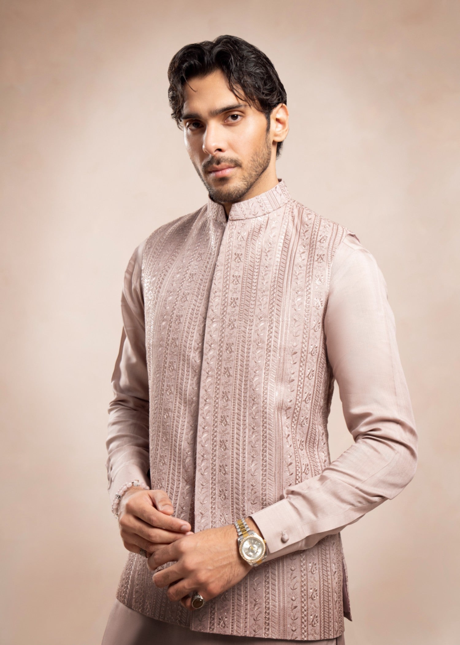 raw silk Waistcoat in Mauve pink by Muraqsh