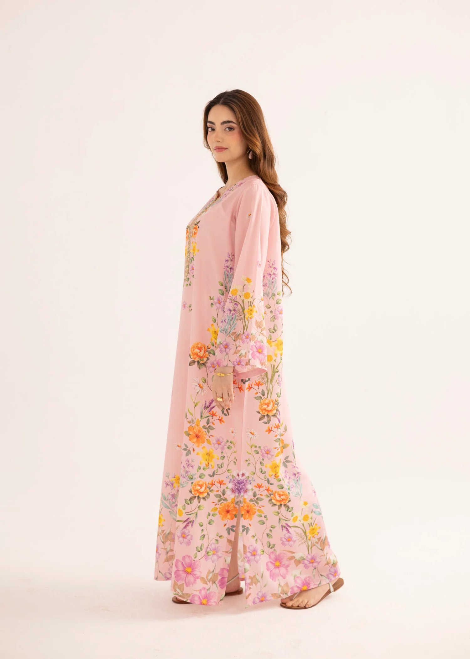 silk finish lawn Kaftan in Pink