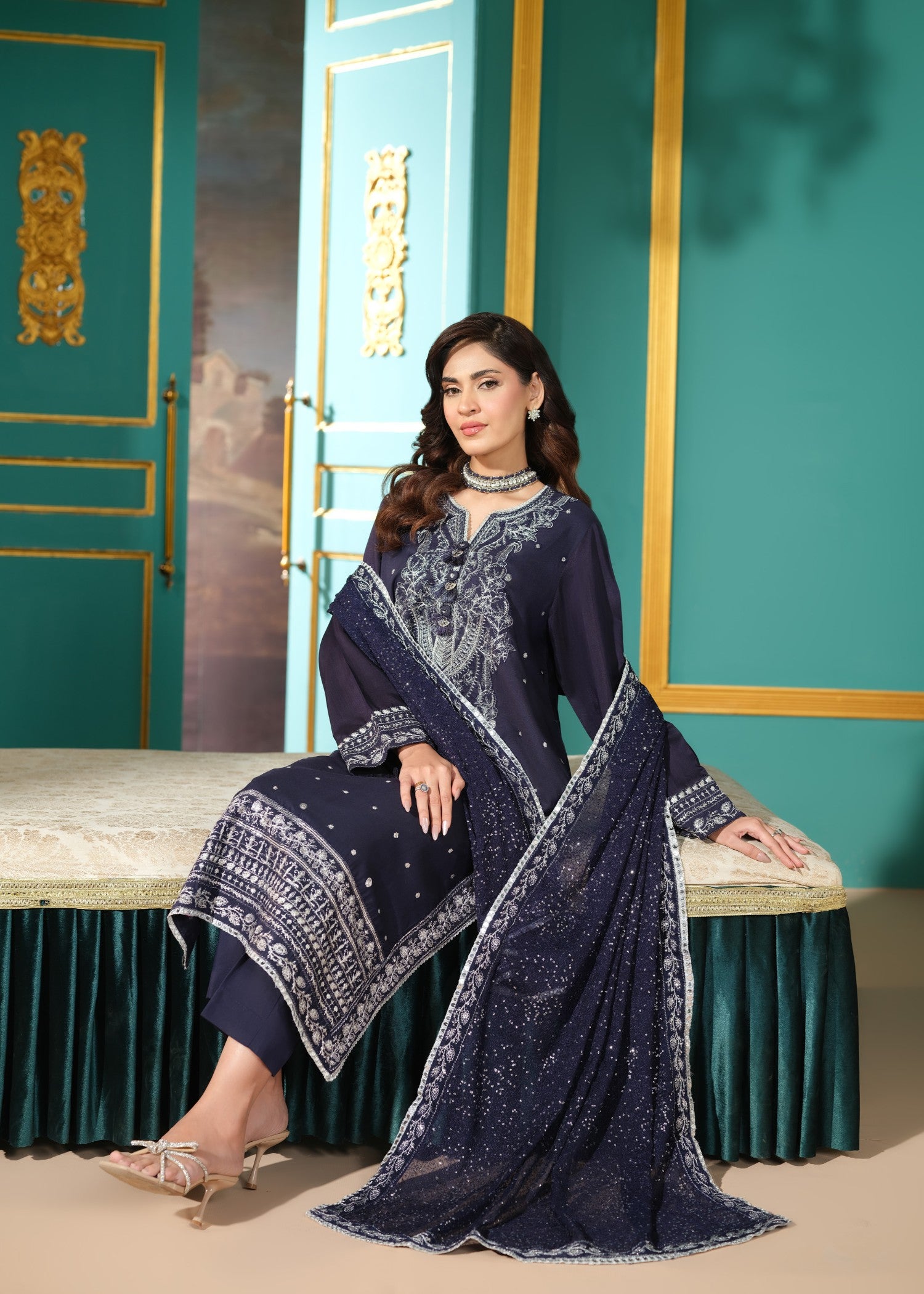cambric cotton Kurta Set in Navy blue