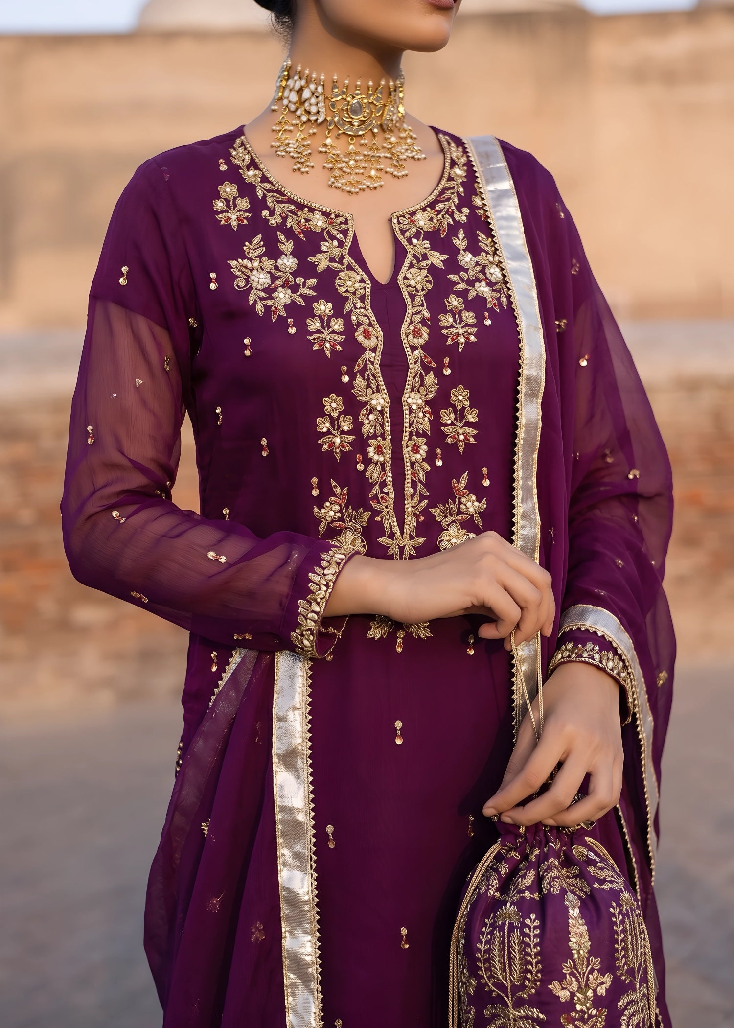 chiffon Kurta Set in Plum purple