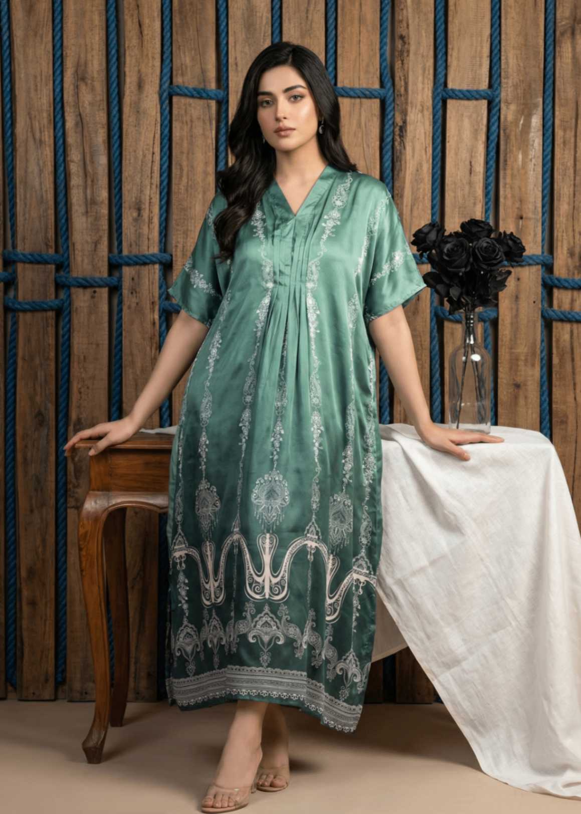 silk charmeuse Kaftan in Mint green