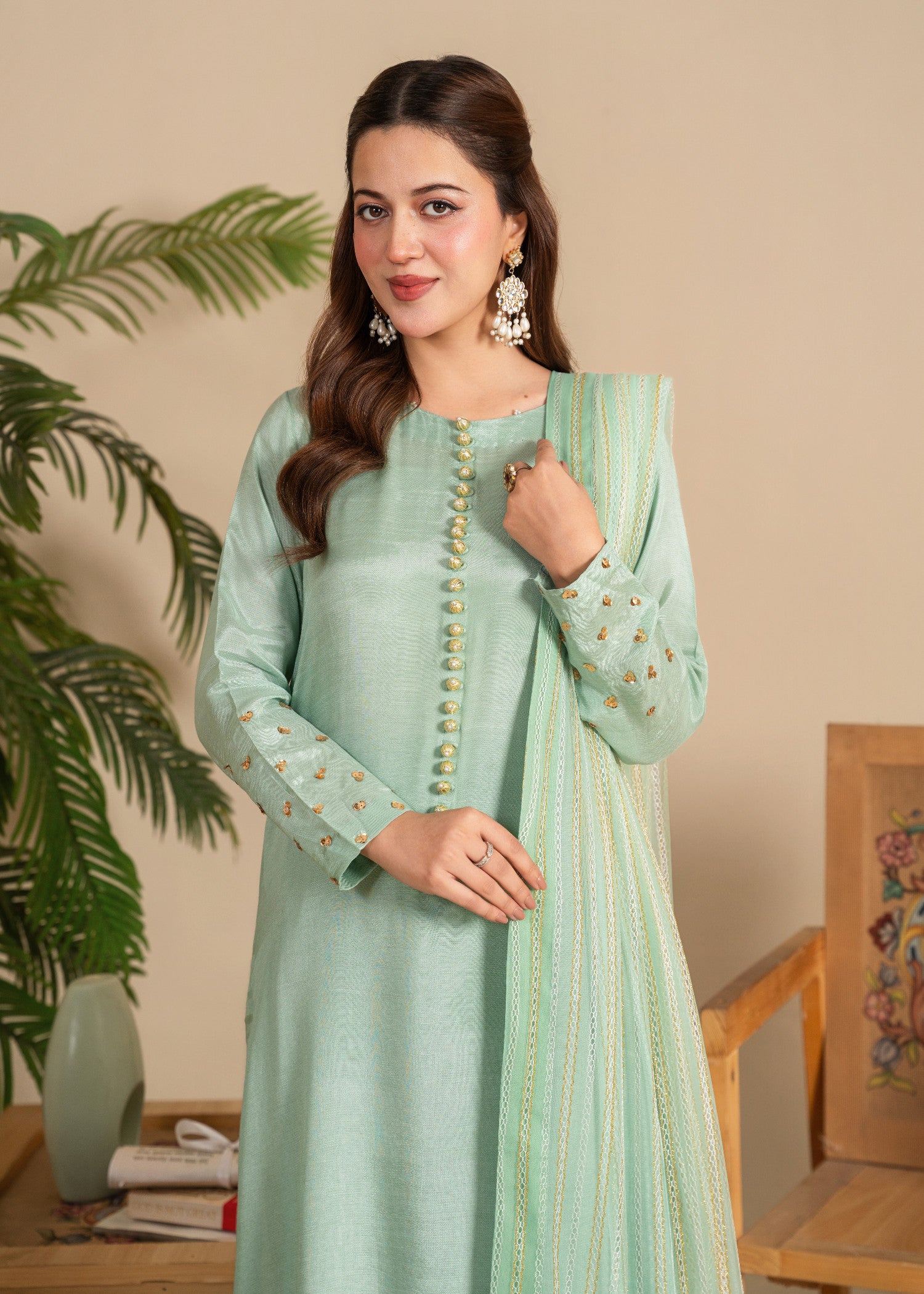 viscose raw silk Kurta Set in Moss green