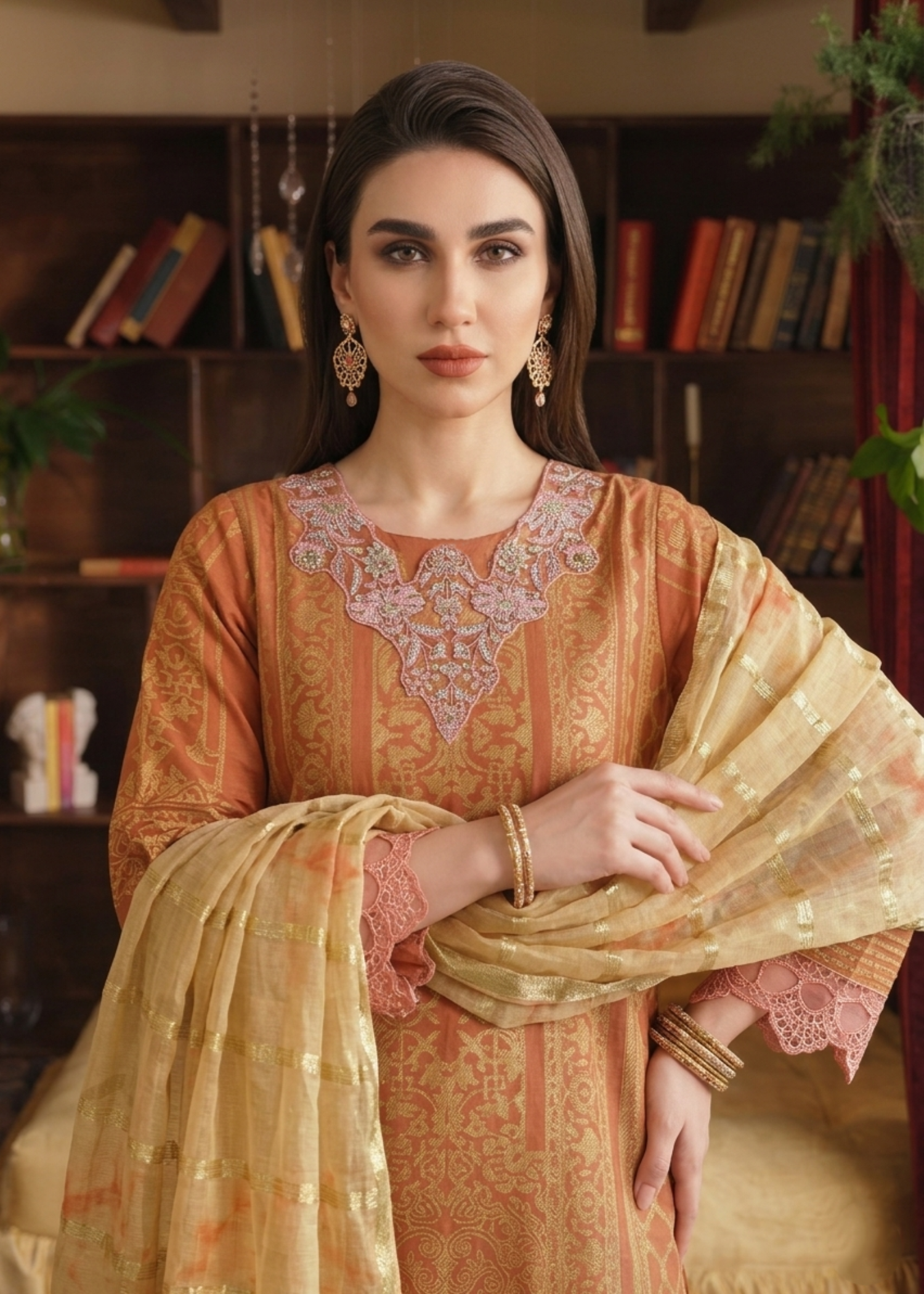 jacquard Kurta Set in Yellow-orange