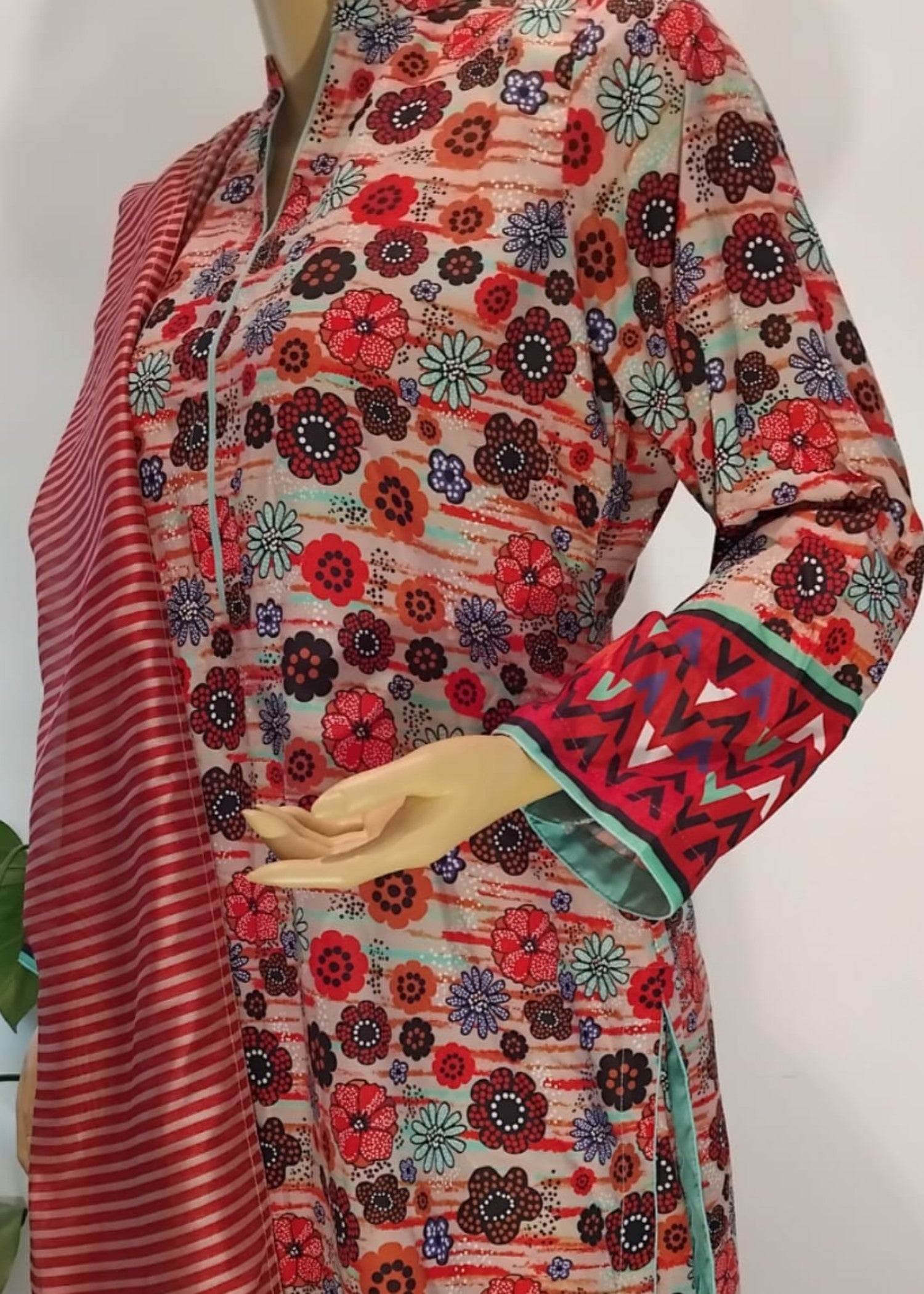 arabic lawn Unstitched in Peach pink, caramel brown
