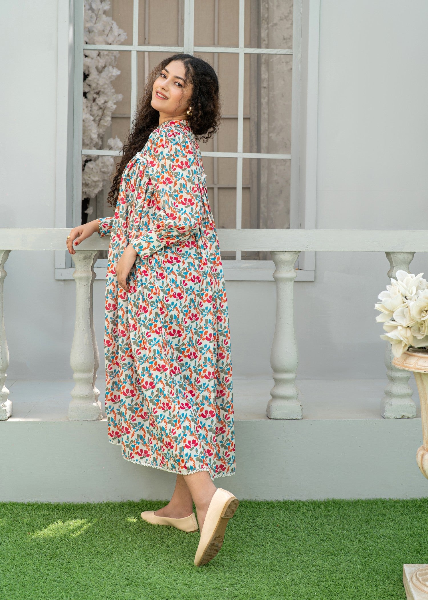 arabic lawn Frock in Beige
