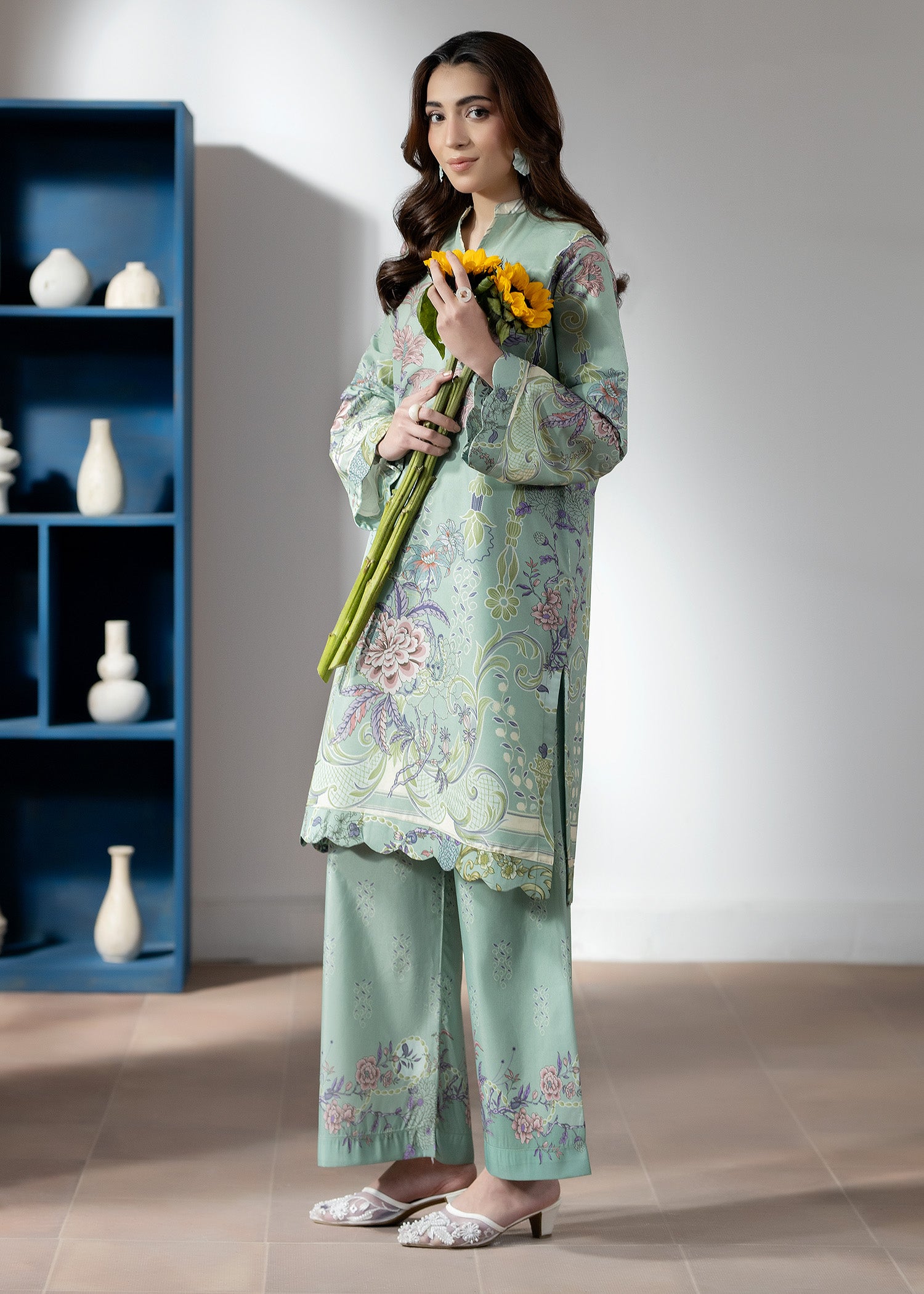 silk finish lawn Co Ord Sets in Pastel green