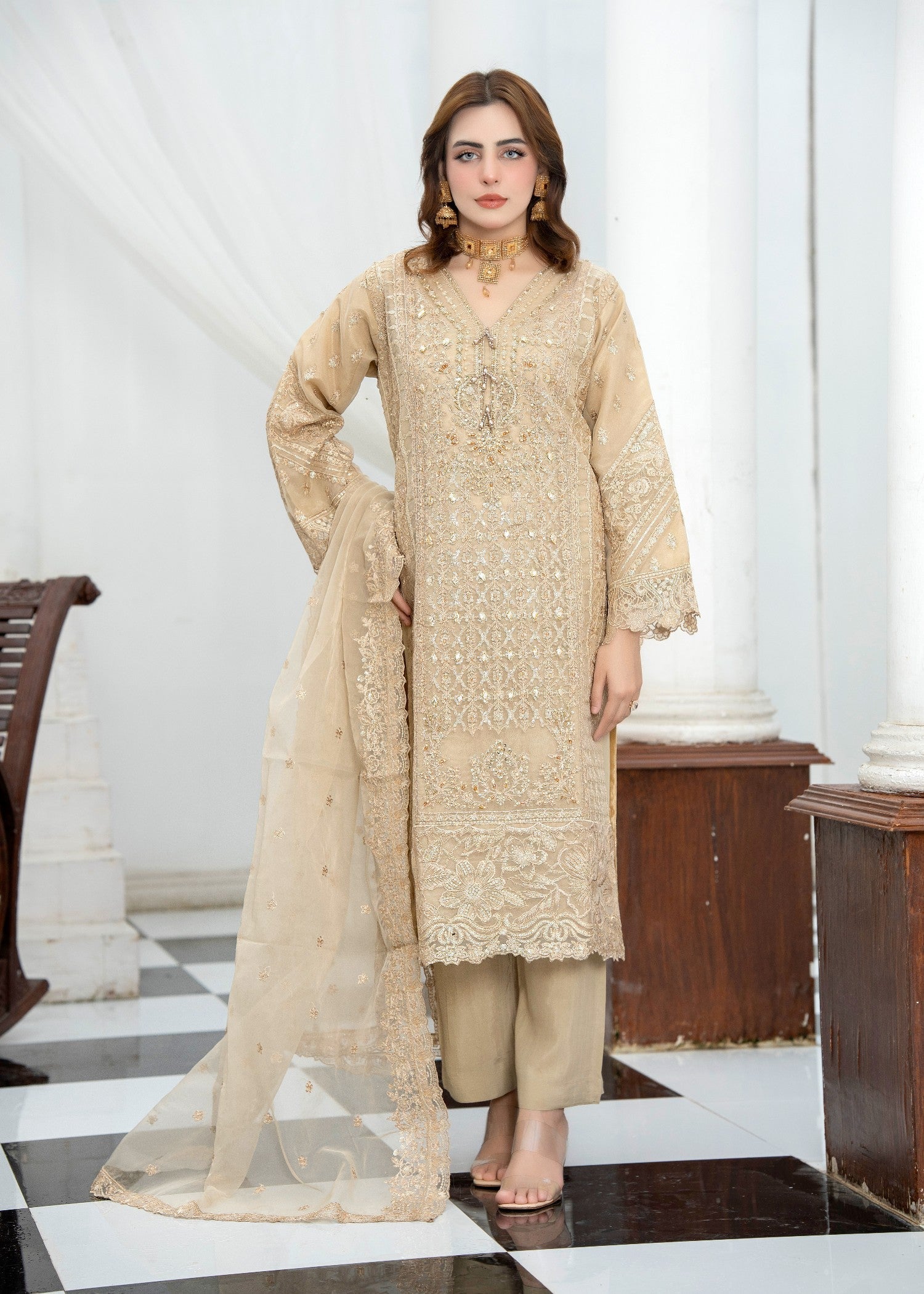 chiffon Kurta Set in Vanilla