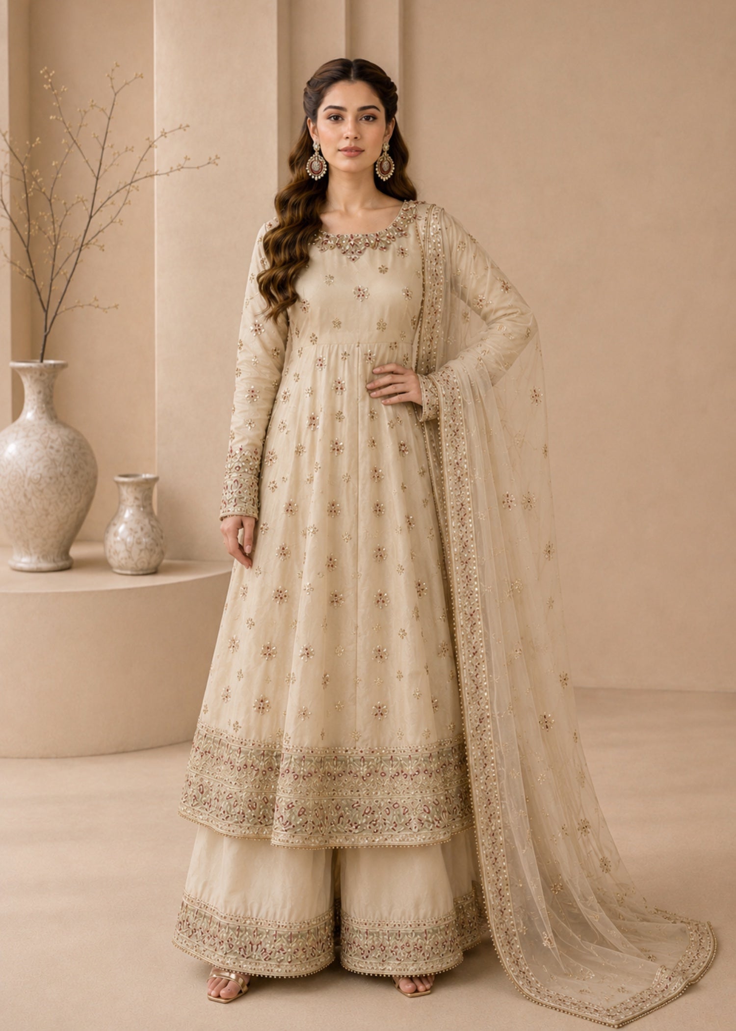 silk Pishwas in Cream