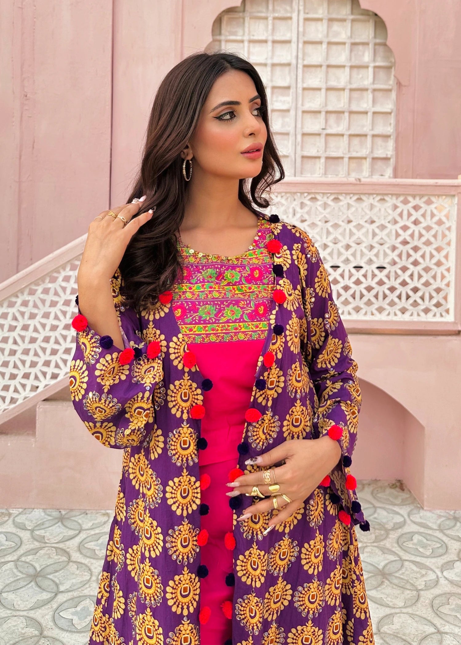lawn Gown in Shocking pink, royal lilac