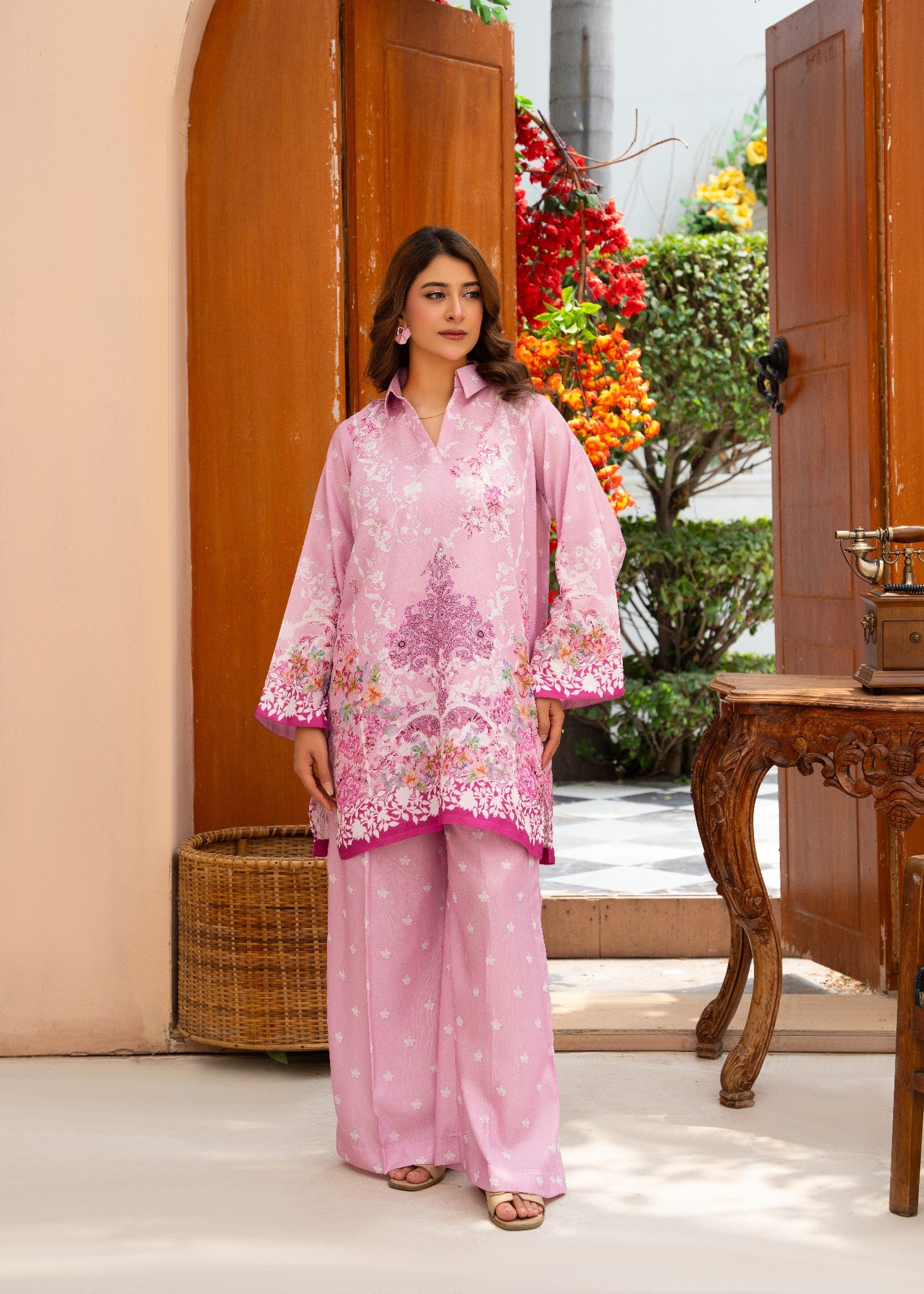 cambric Kurta Set in Flamingo