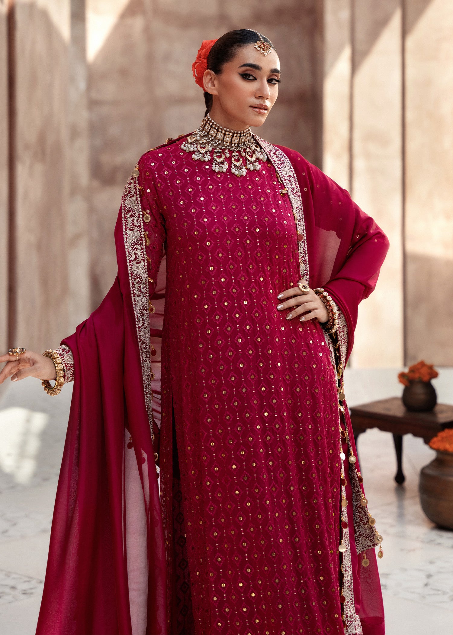 chiffon Kurta Set in Fire red