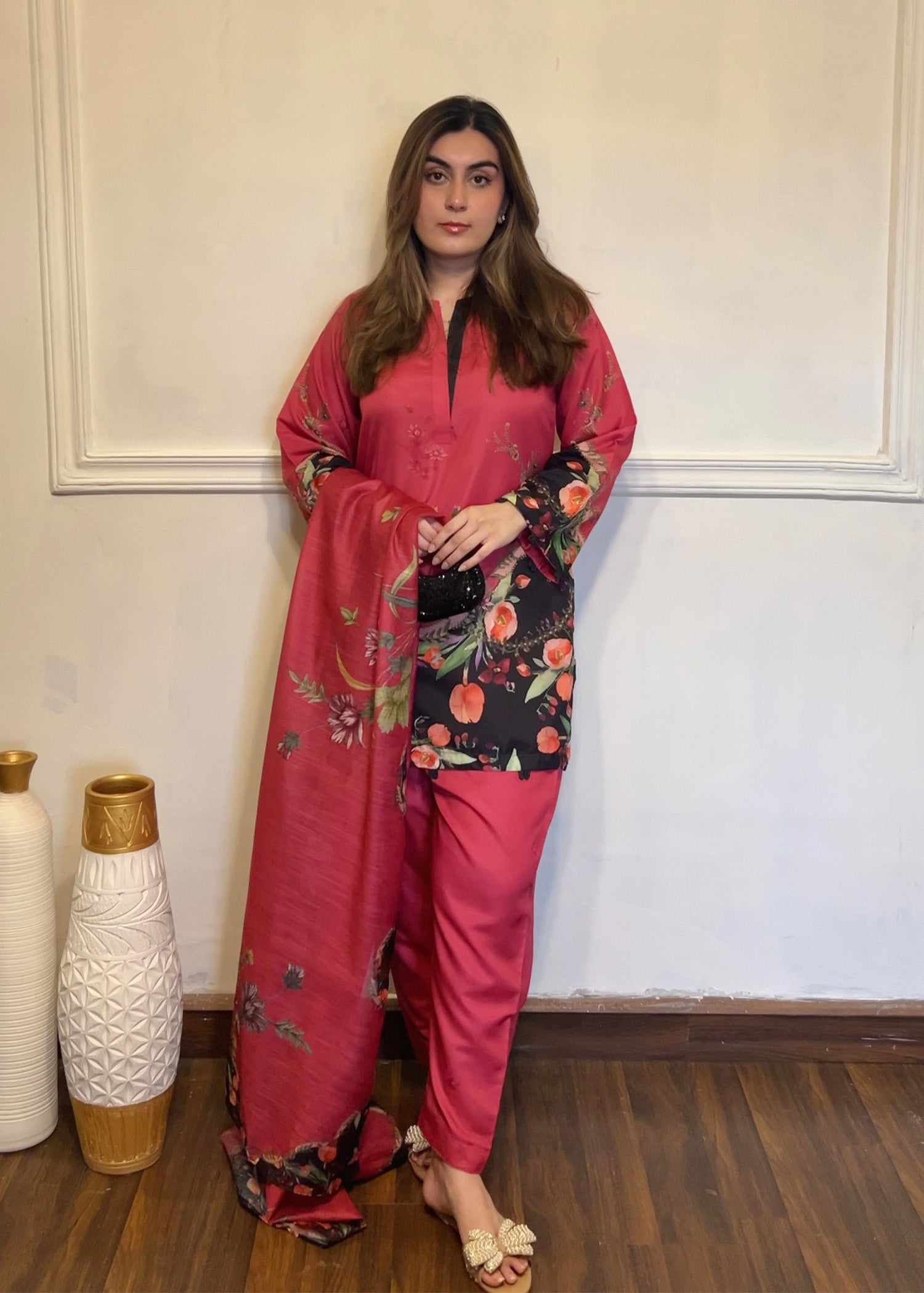 silk finish lawn Kurta Set in Multi