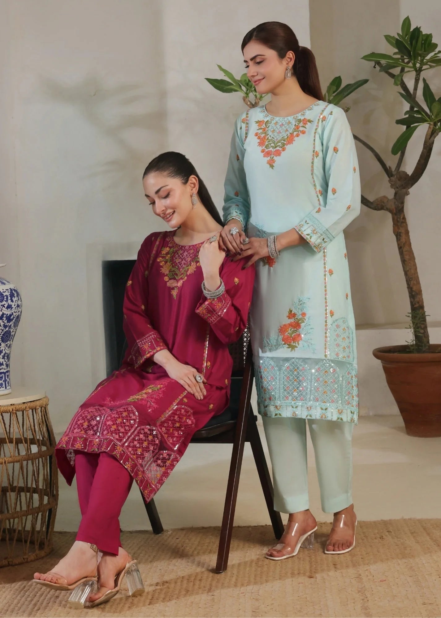 lawn cotton Kurta Set in Magenta