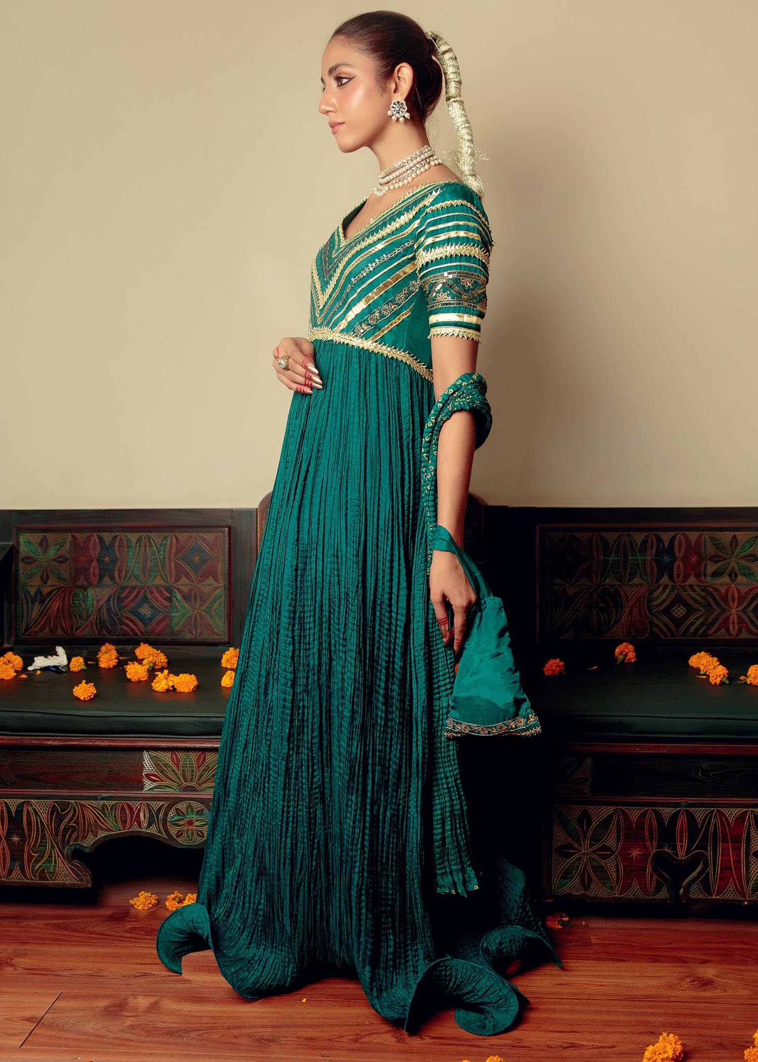 silk Pishwas in Green