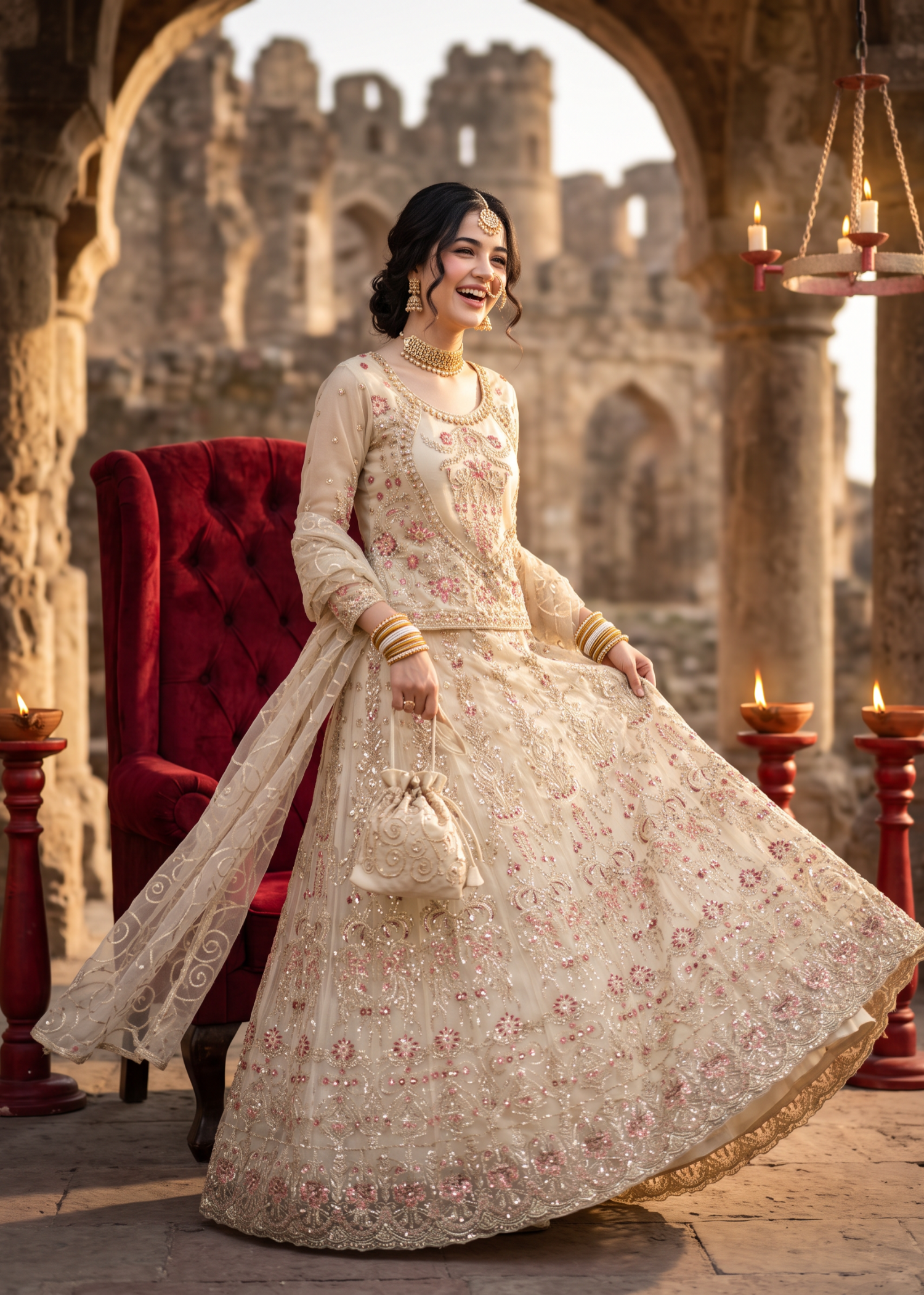 net Lehenga in Off-white