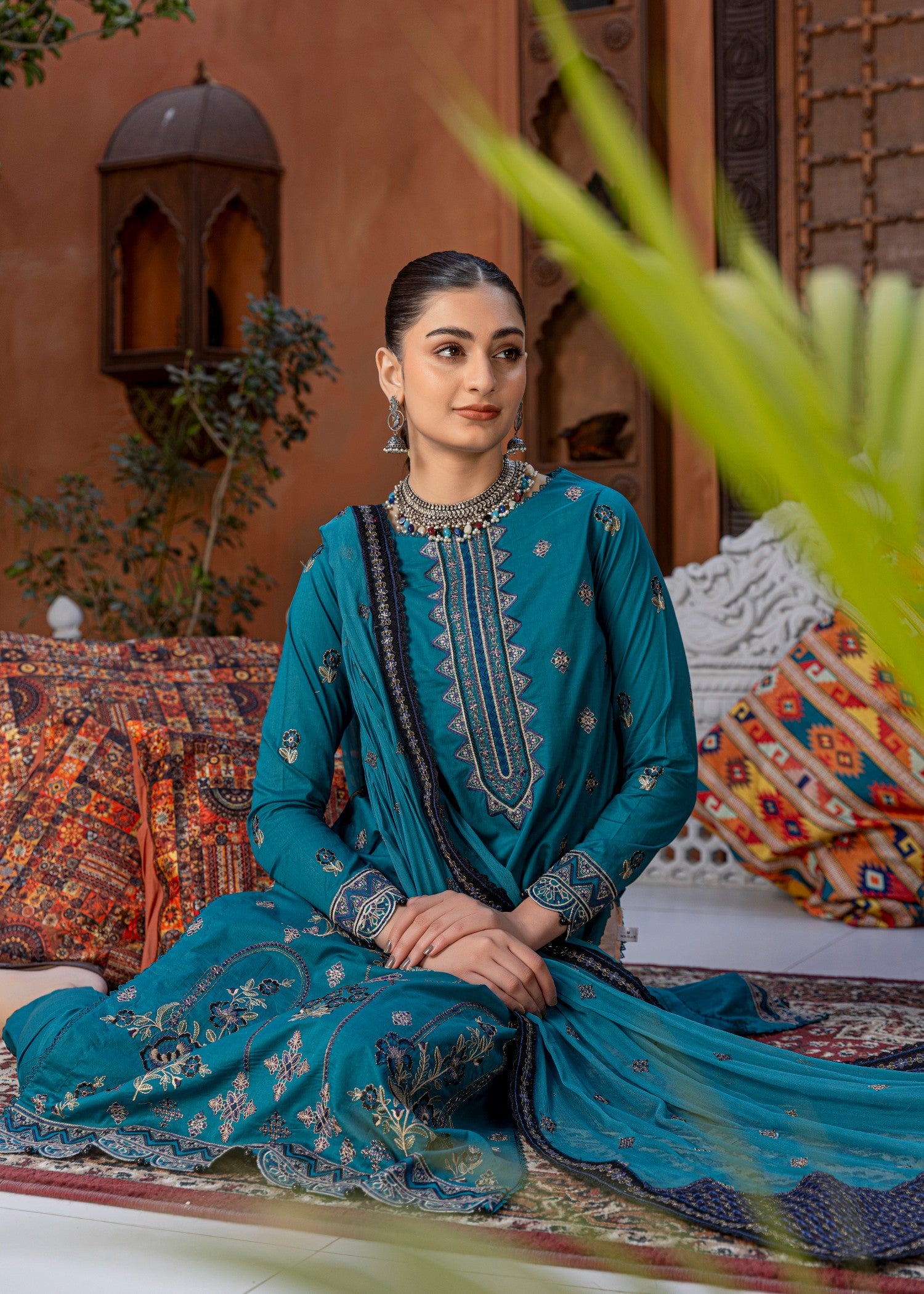 lawn Kurta Set in Turquoise, teal