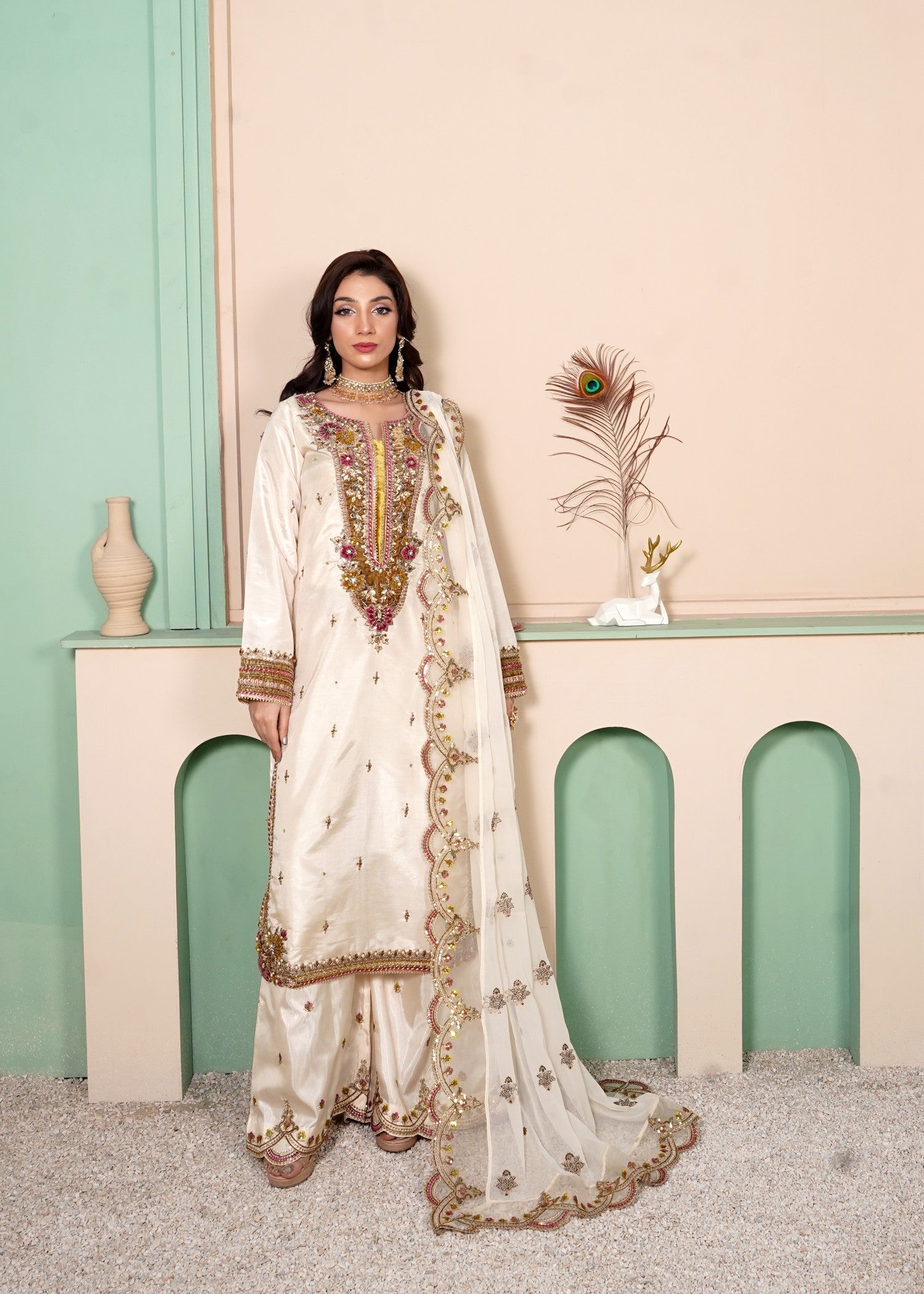 tussar silk Kurta Set in Floral white