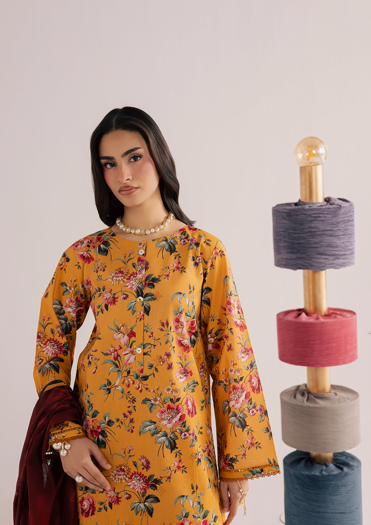 lawn Kurta Set in Yellow-orange