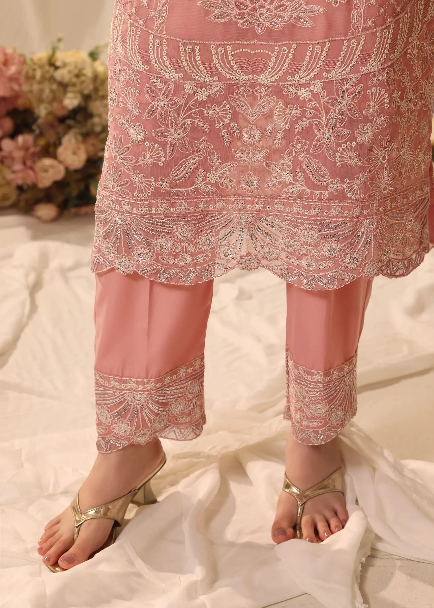 chiffon Kurta Set in Tea rose pink