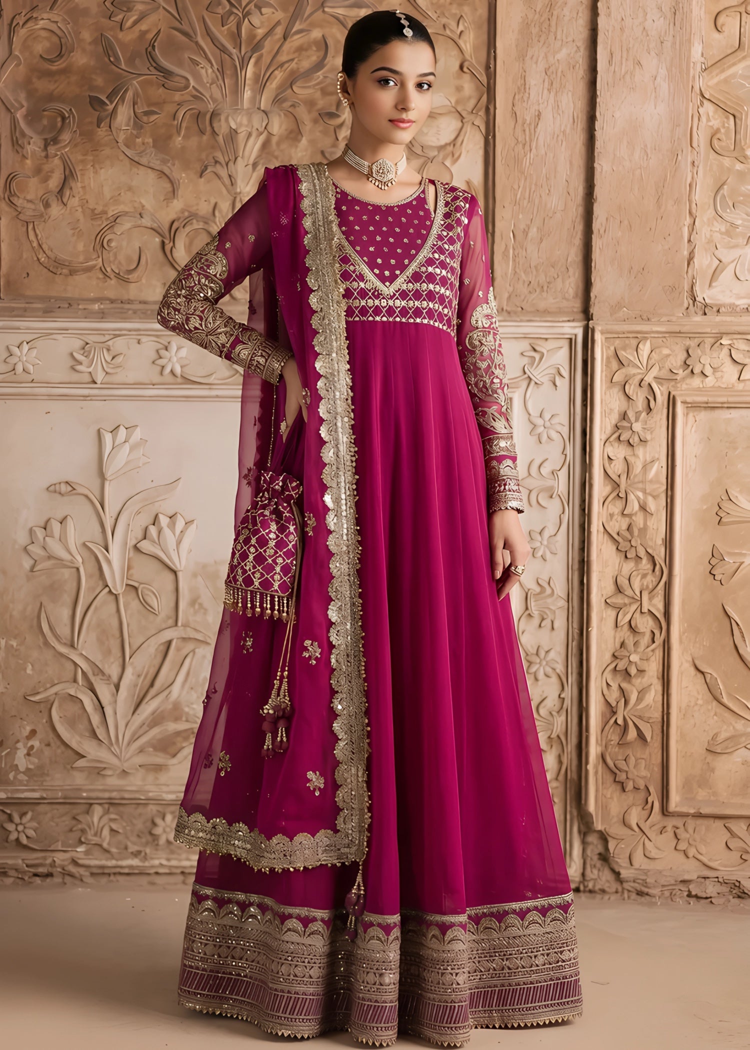 chiffon Pishwas in Magenta