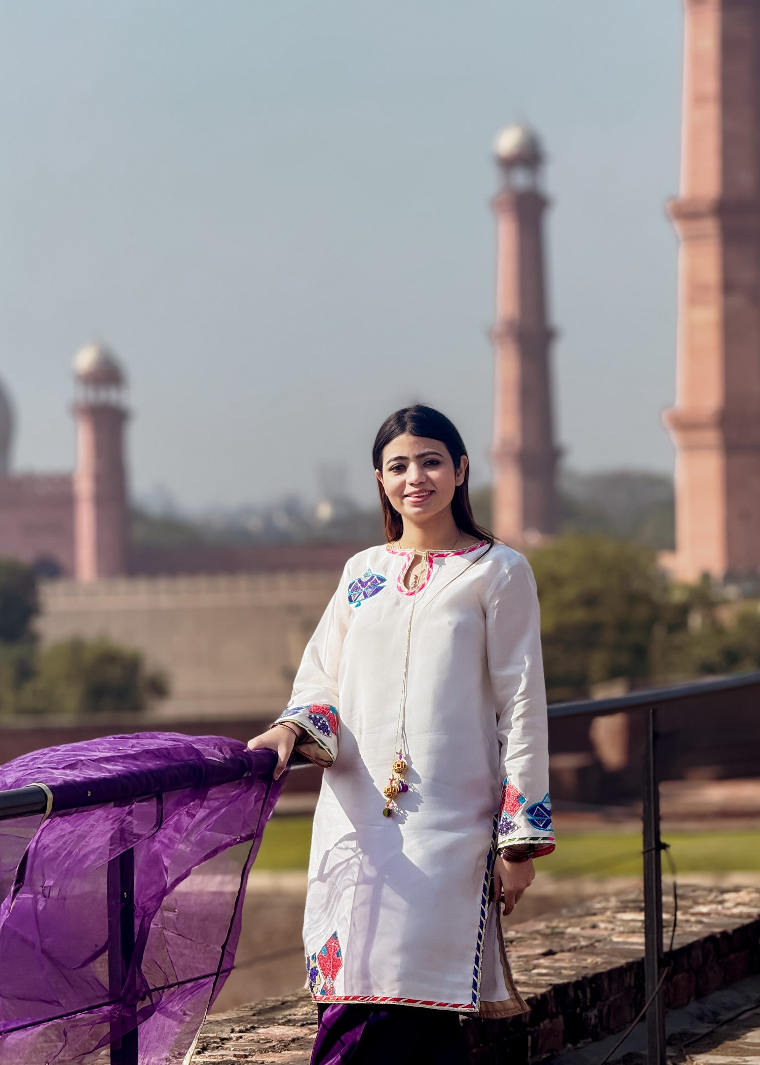 polyester-silk blend Kurta Set in Purple, eggshell