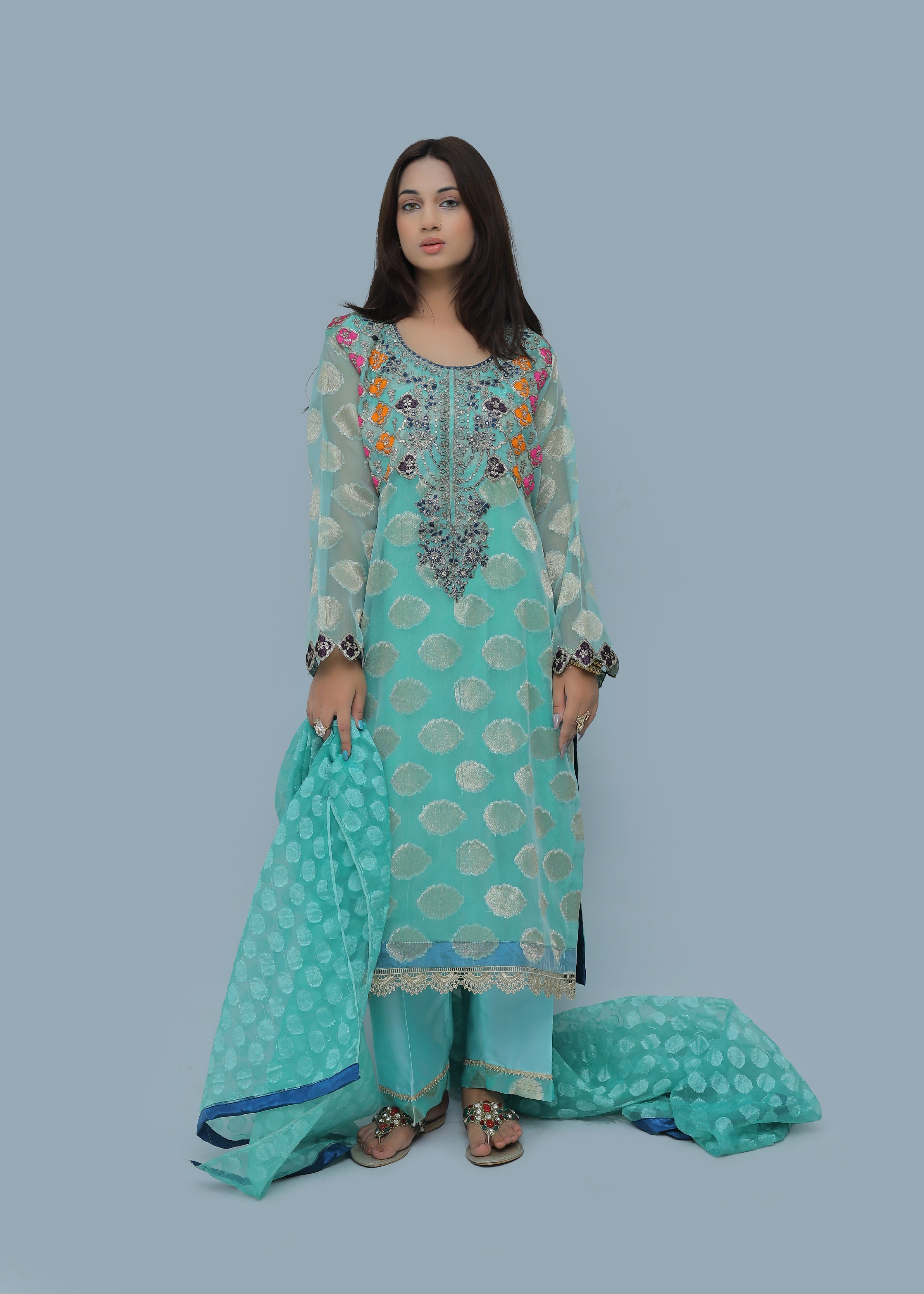 zari organza Kurta Set in Turquoise