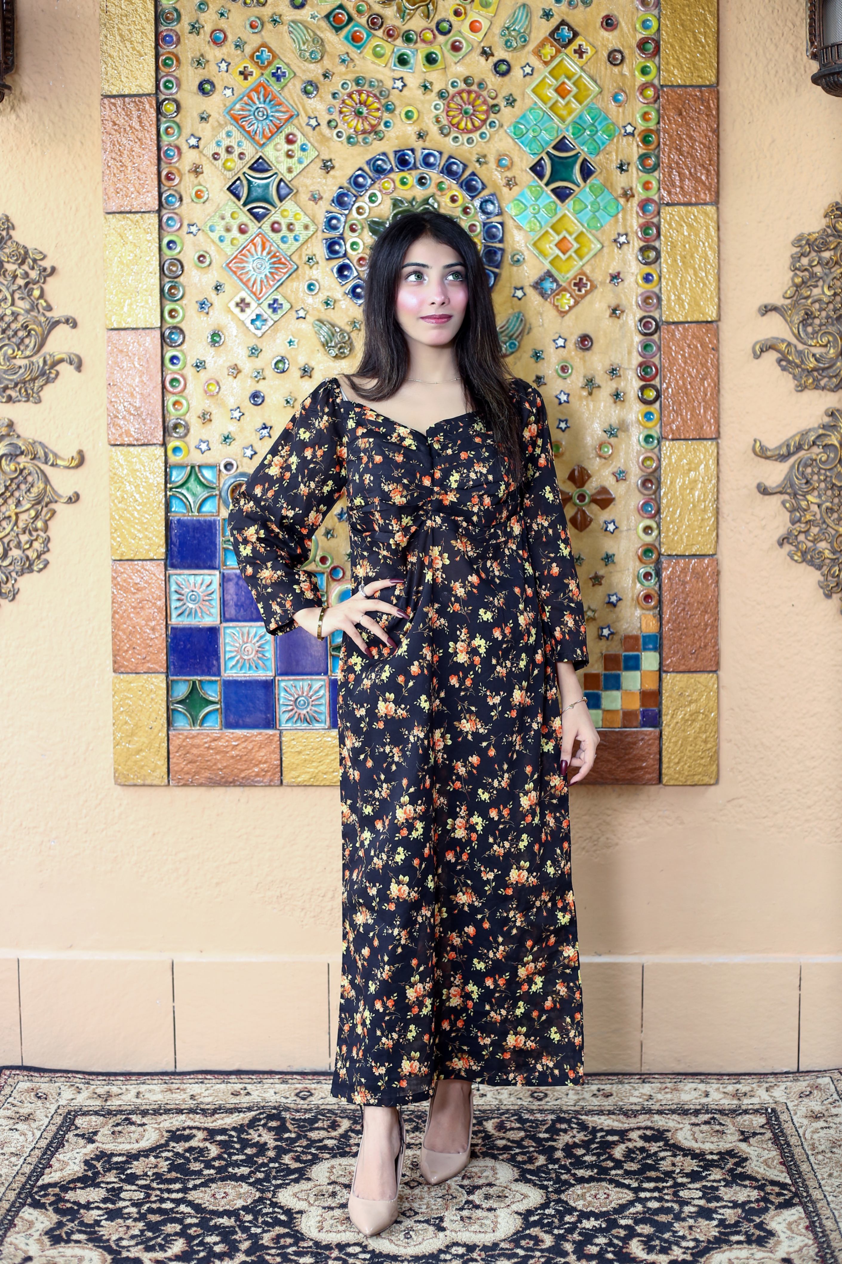 lawn cotton Dress in Smoke black